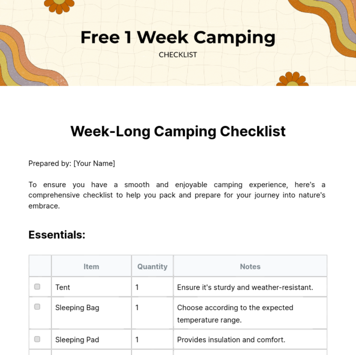 Free 1 Week Camping Checklist Template
