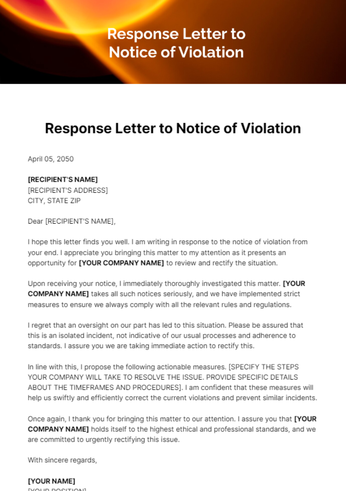 Response Letter to Notice of Violation Template