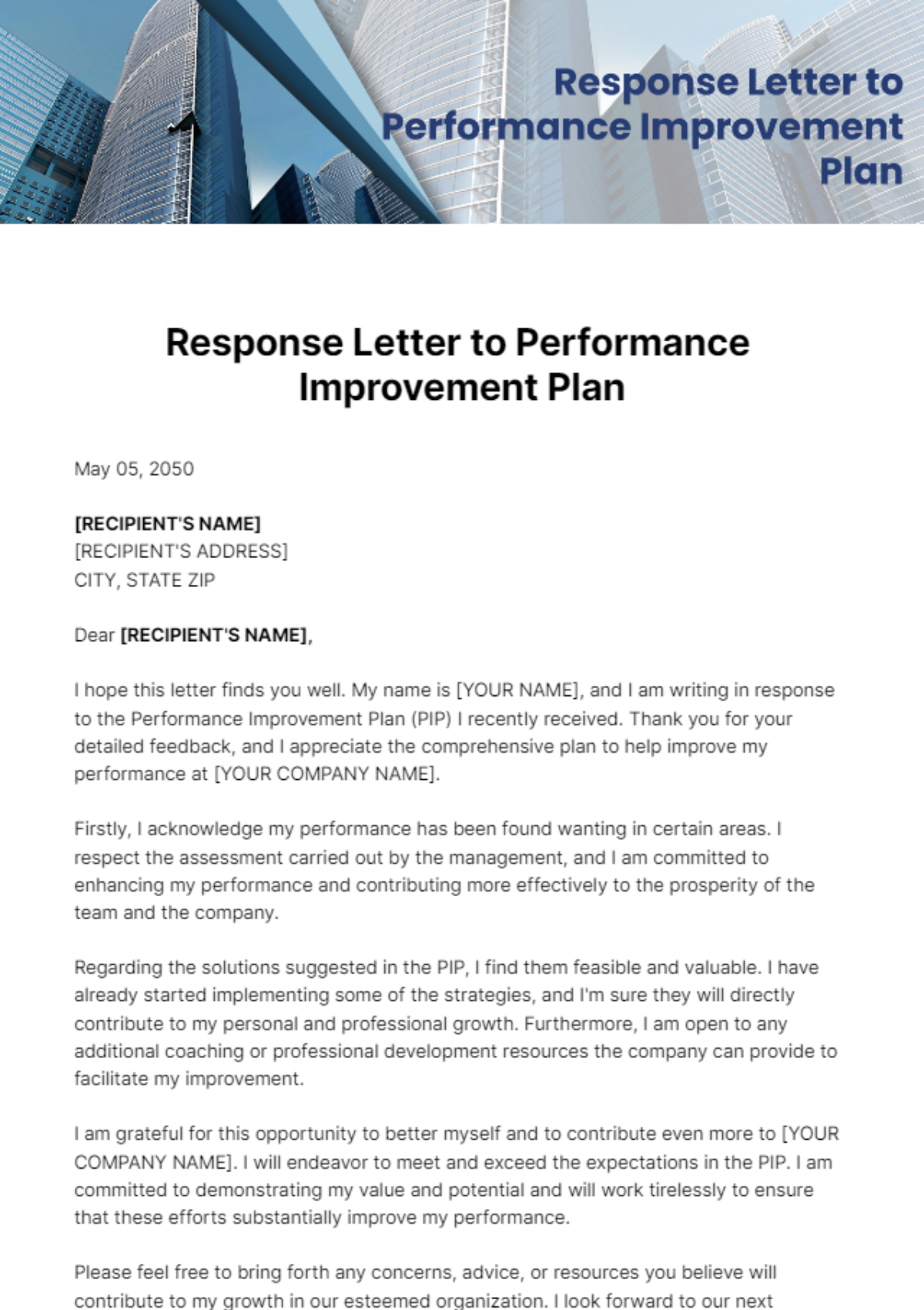 Free Response Letter to Performance Improvement Plan Template
