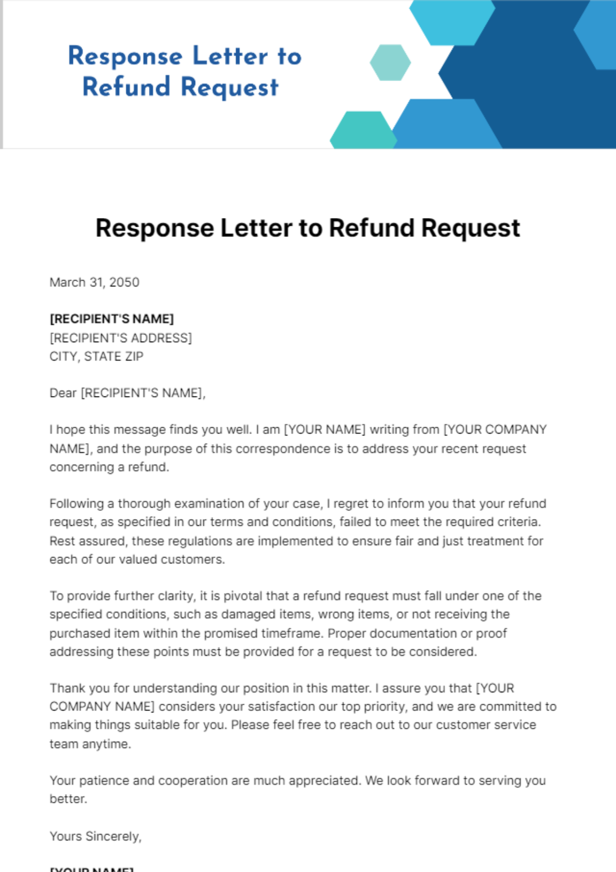 Free Response Letter to Refund Request Template