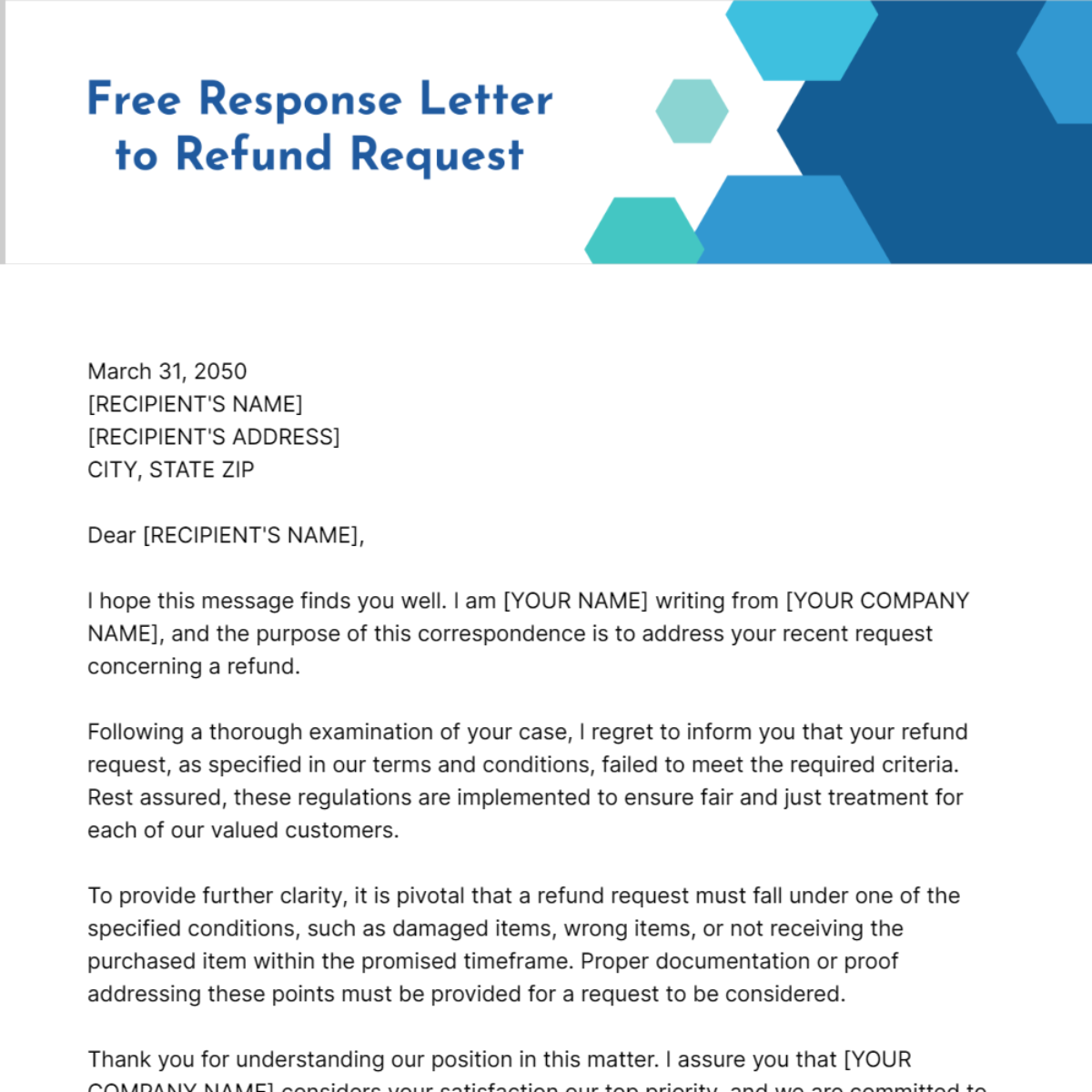 Free Response Letter to Refund Request