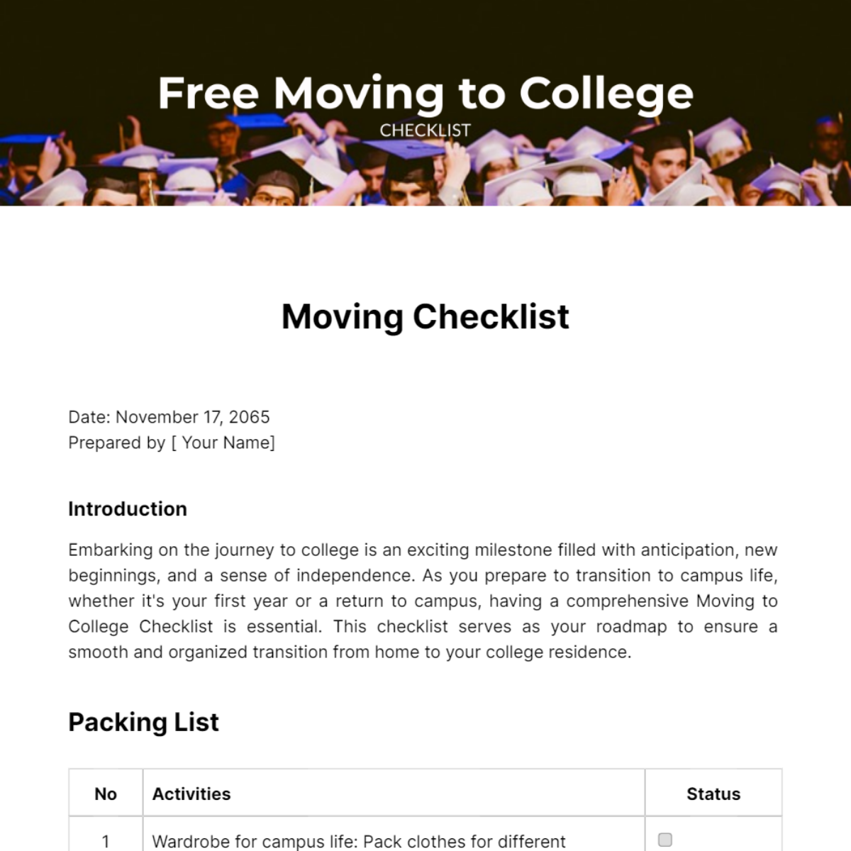 Moving to College Checklist Template