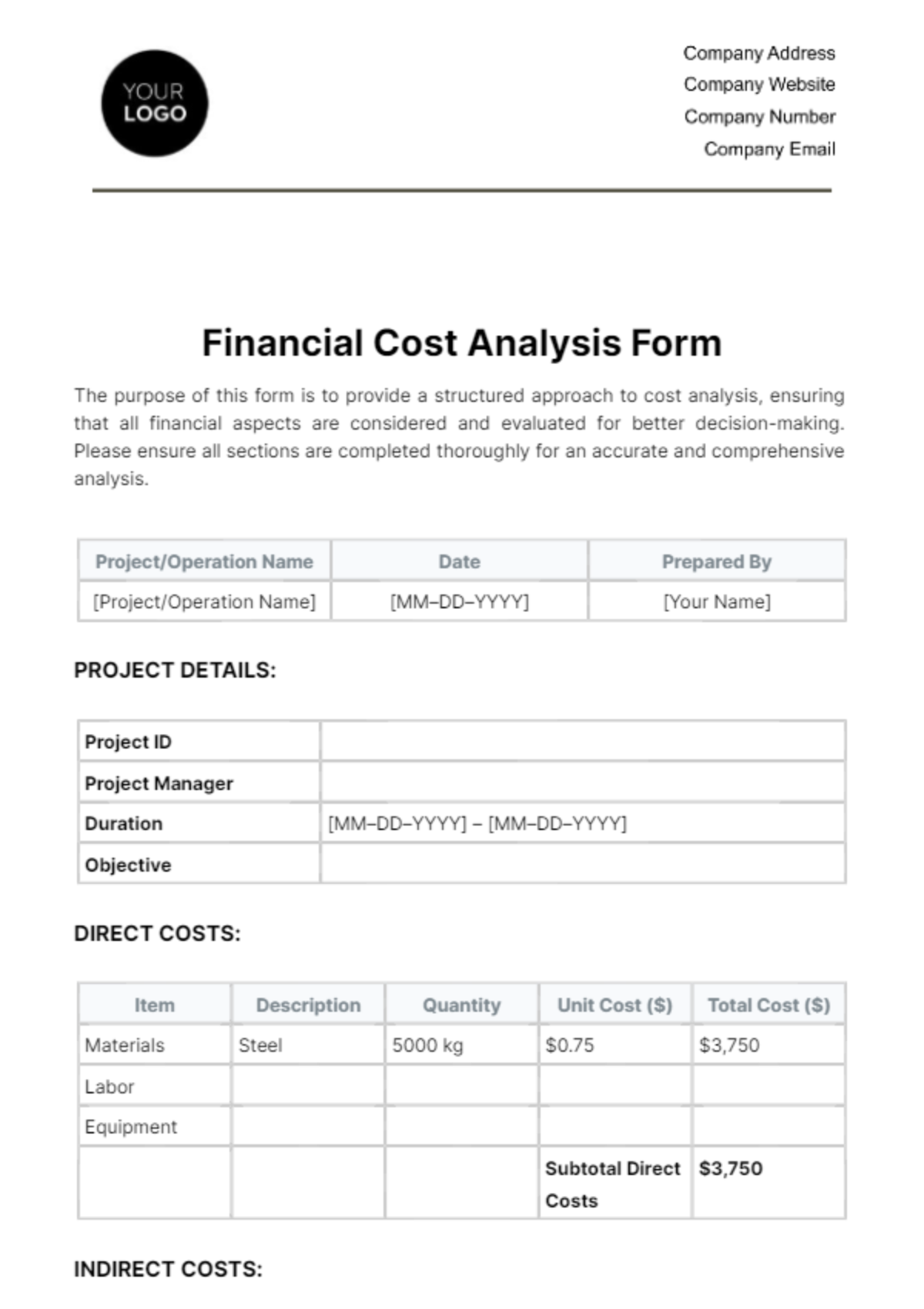 Financial Cost Analysis Form Template