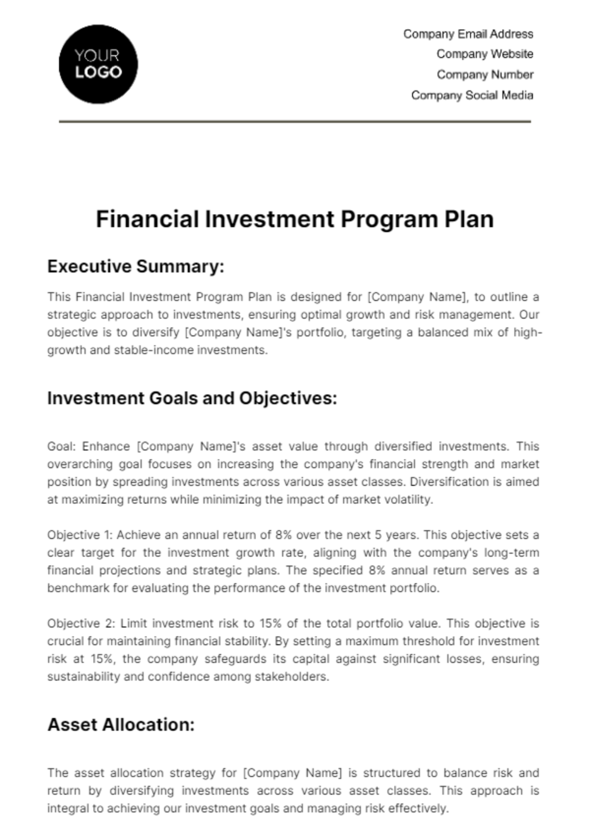 Financial Investment Program Plan Template