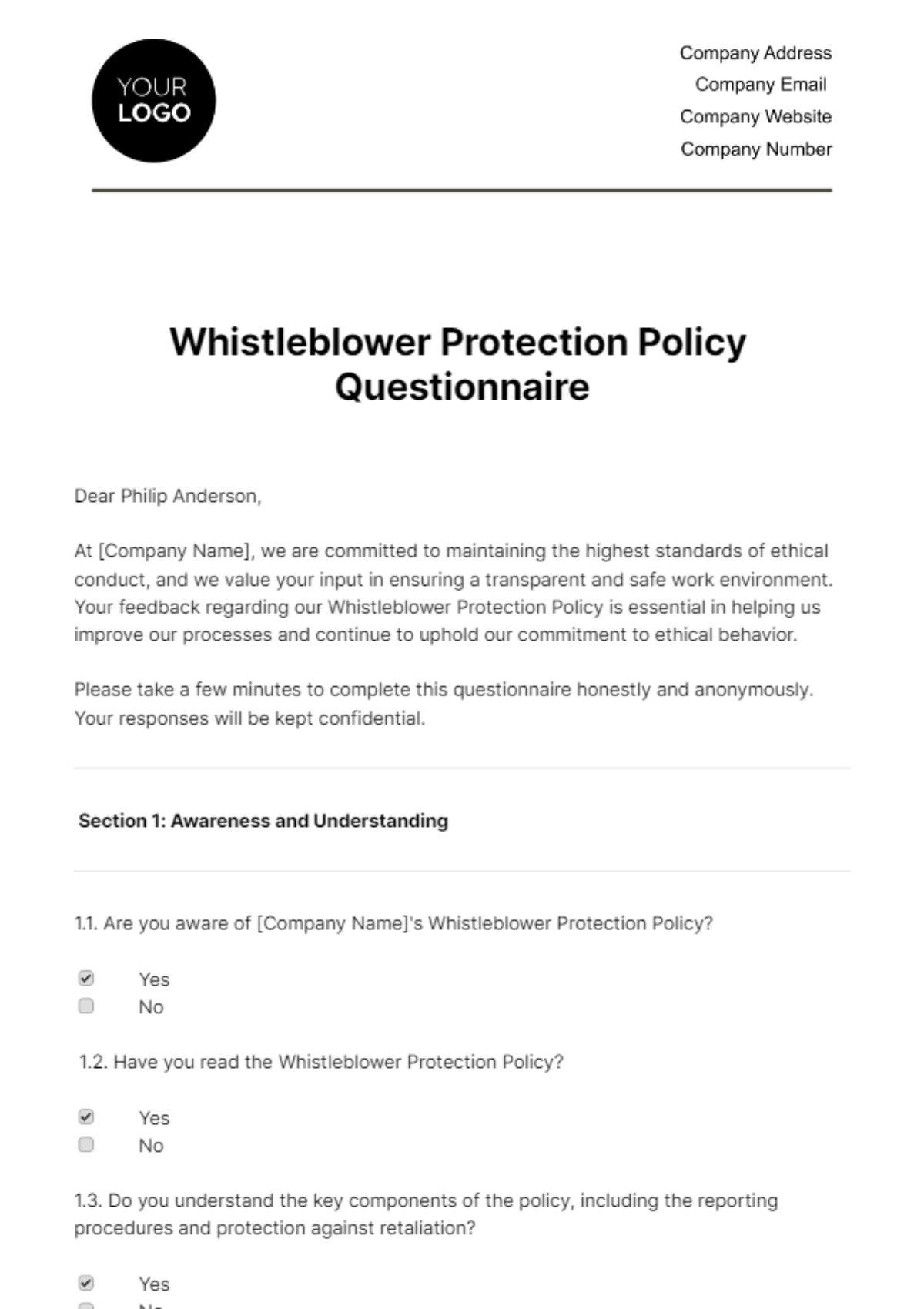 Free Whistleblower Protection Policy Questionnaire HR Template