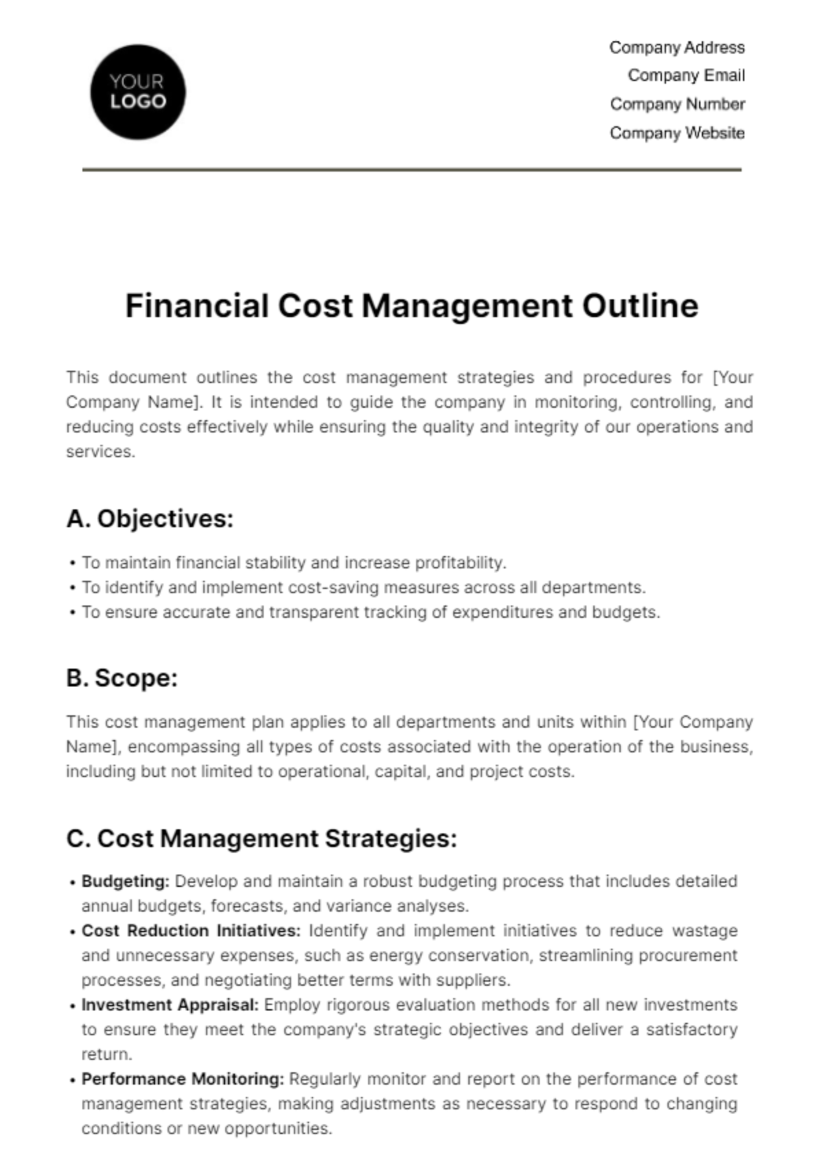 Financial Cost Management Outline Template