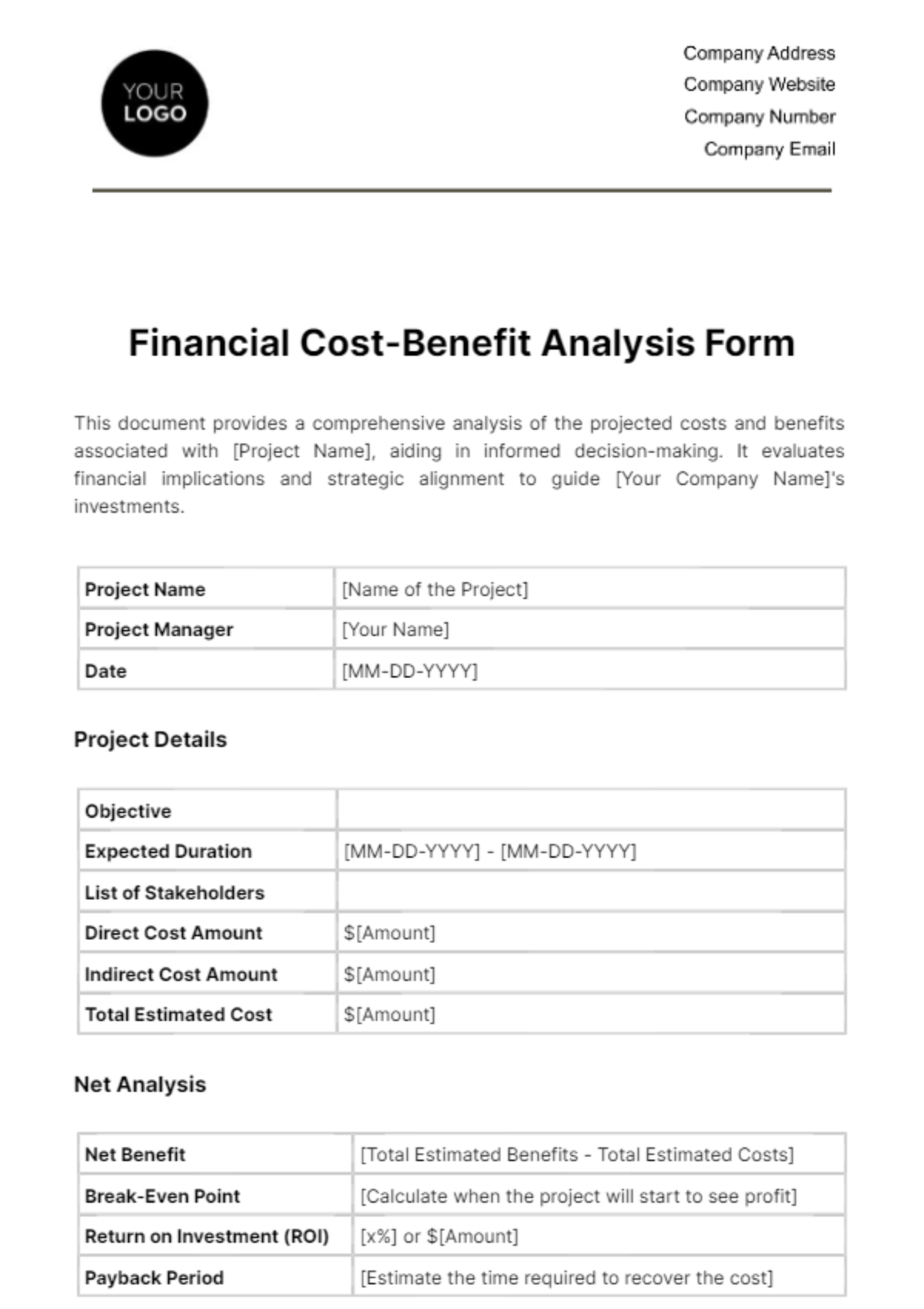 Financial Cost-Benefit Analysis Form Template