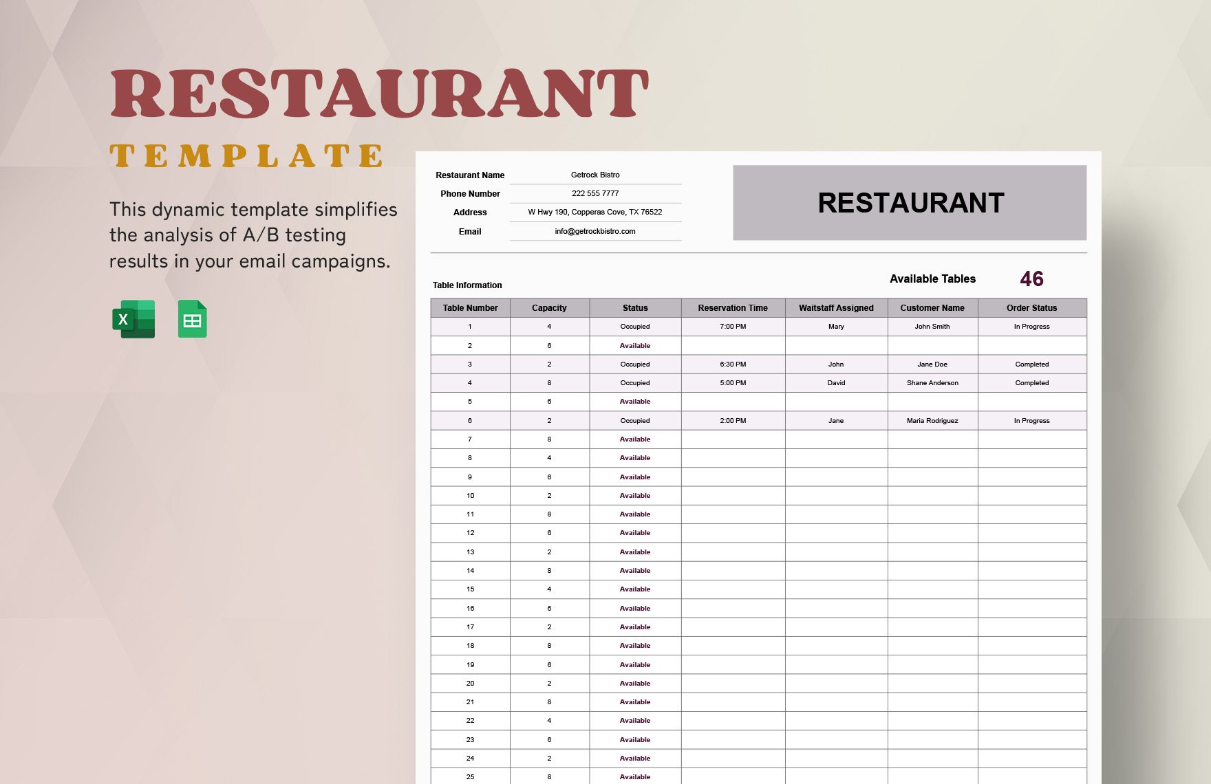 Free Restaurant Template in Excel, Google Sheets