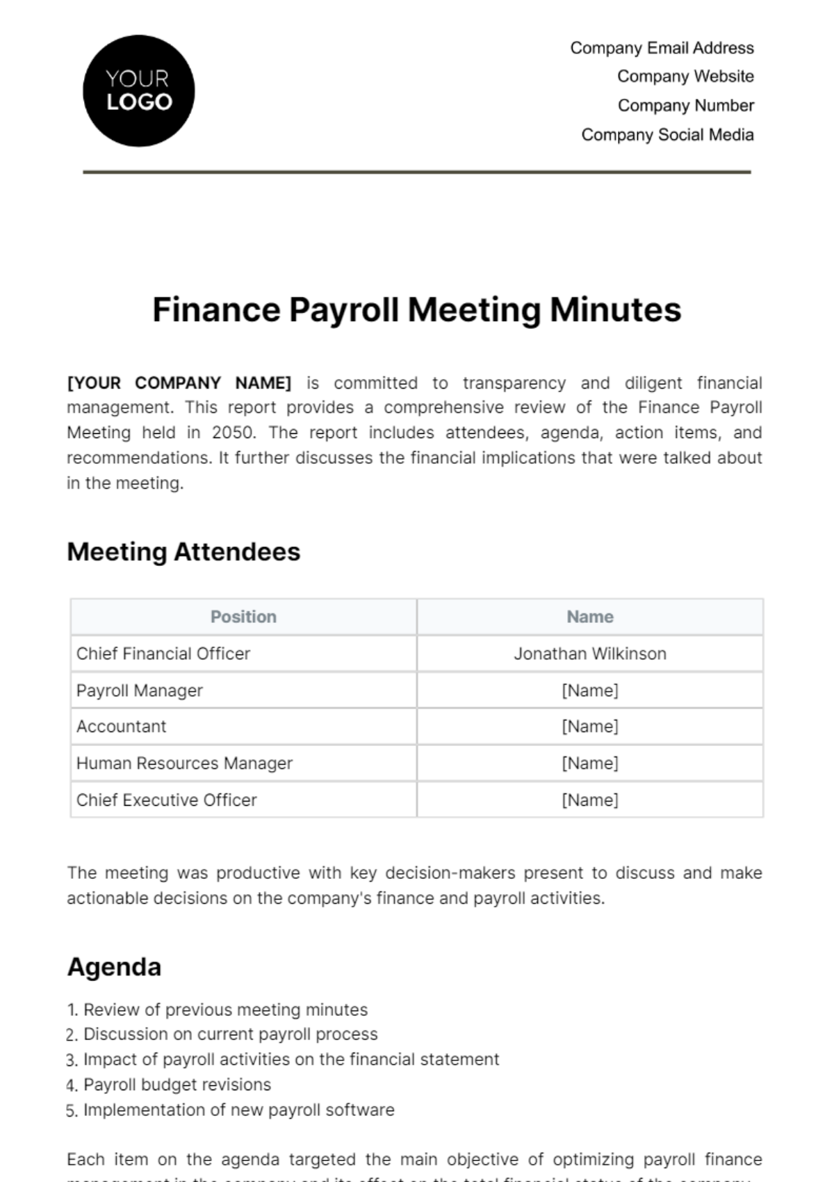 Finance Payroll Meeting Minute Template