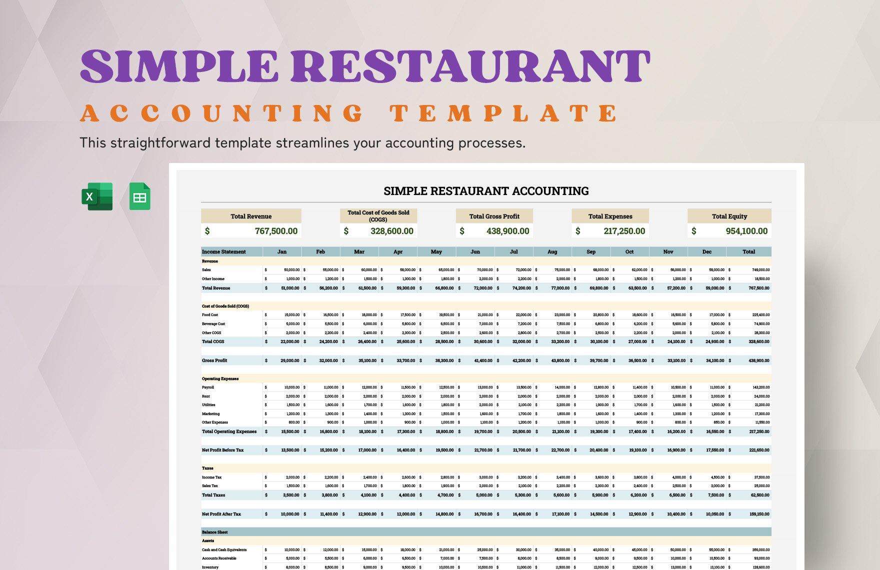 Free Simple Restaurant Accounting Template in Excel, Google Sheets