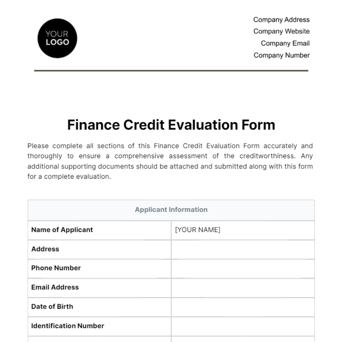 Free Finance Credit Evaluation Form Template