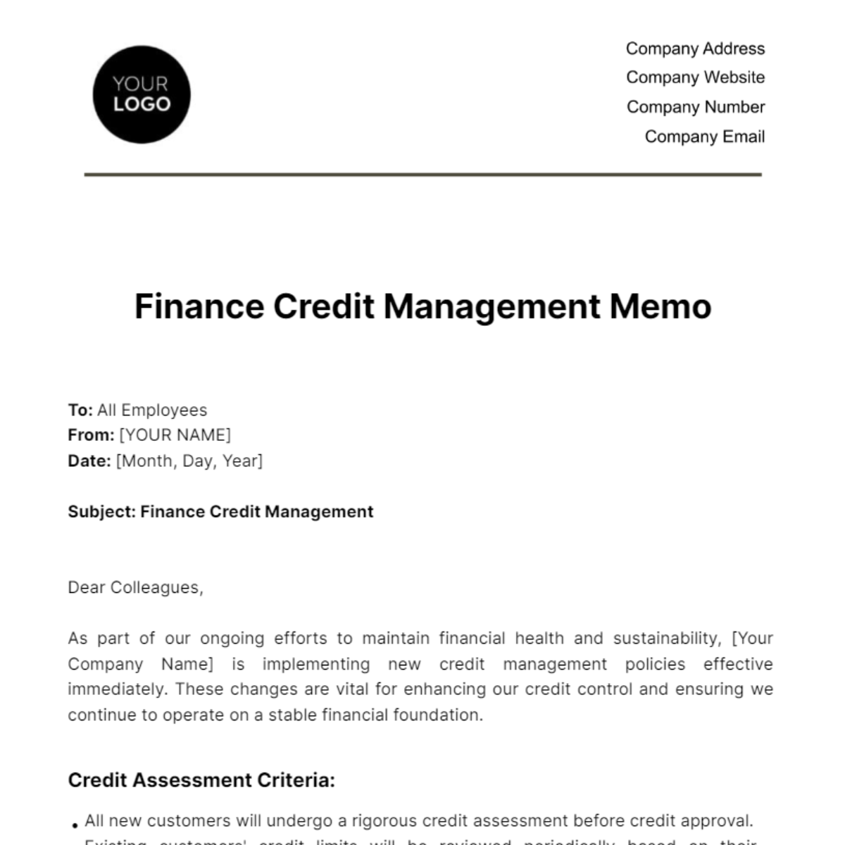 Finance Credit Management Memo Template
