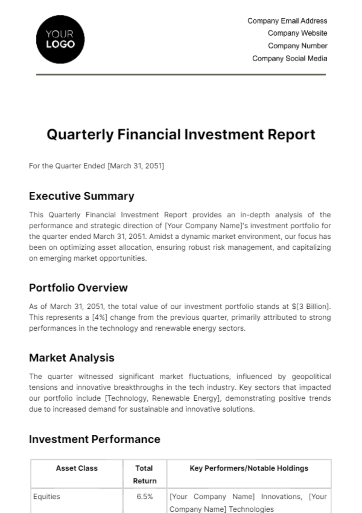 Free Quarterly Financial Investment Report Template