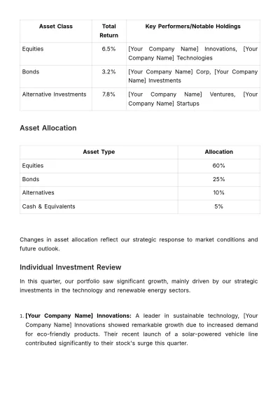 Free Quarterly Financial Investment Report Template to Edit Online