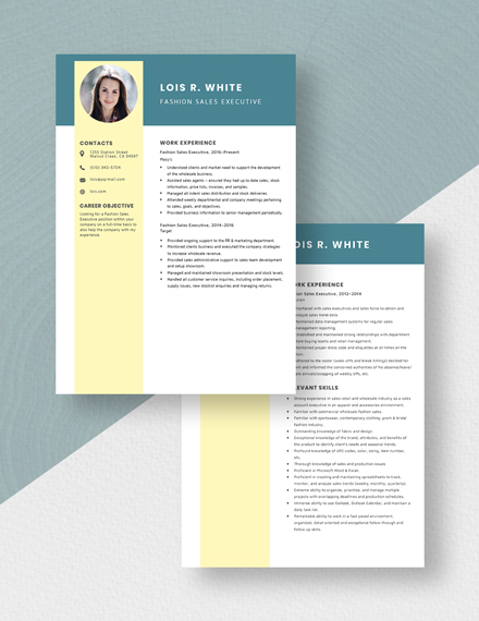 Fashion Sales Executive Resume/CV Template - Word (DOC) | Apple (MAC) Pages