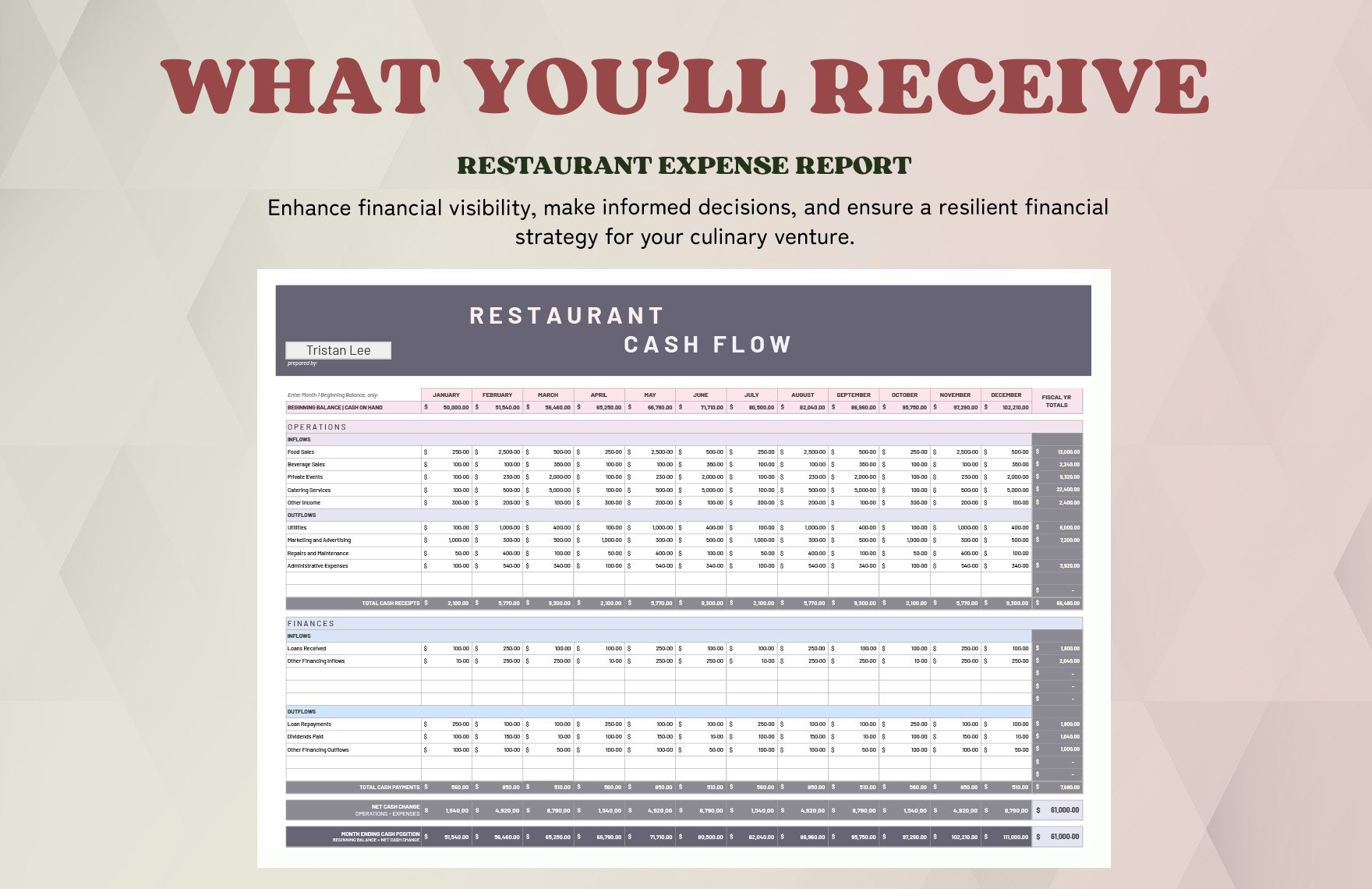 12 Month Restaurant Cash Flow Template