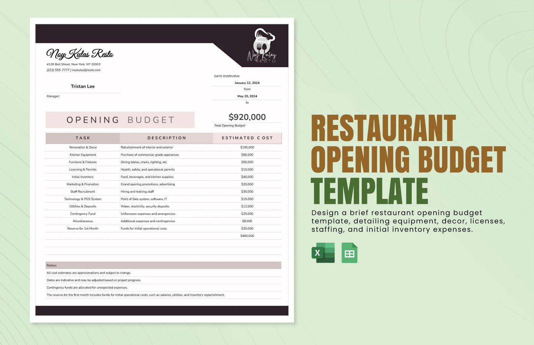Free Restaurant Opening Budget Template in Excel, Google Sheets