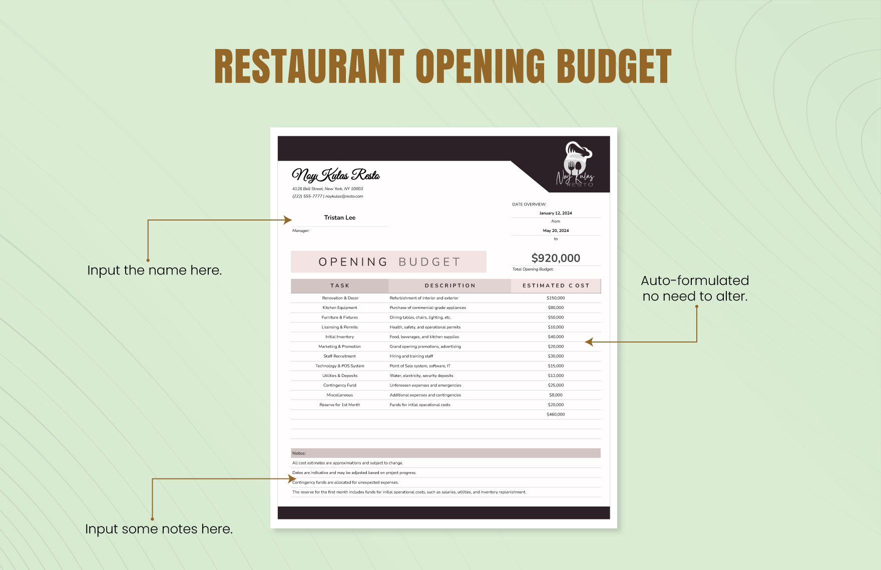 Restaurant Opening Budget Template