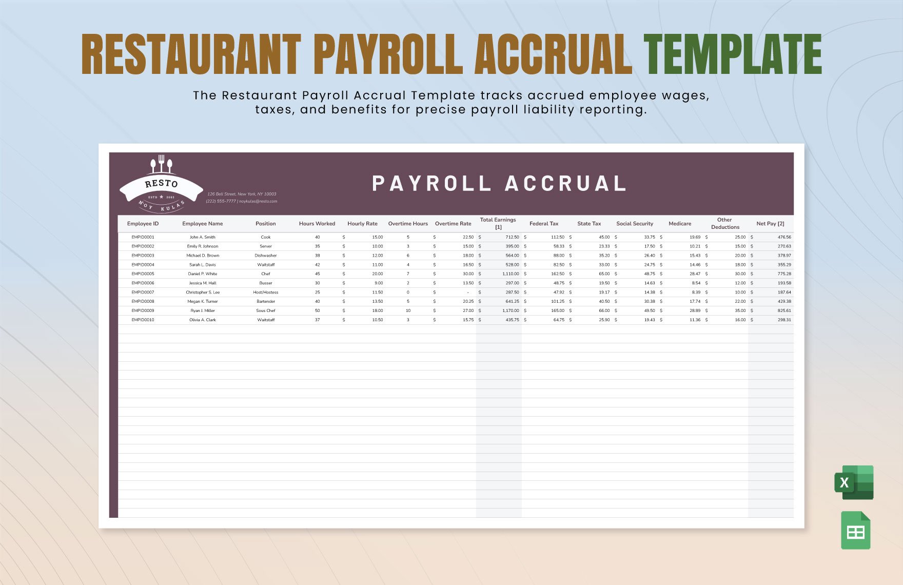 Restaurant Payroll Accrual Template