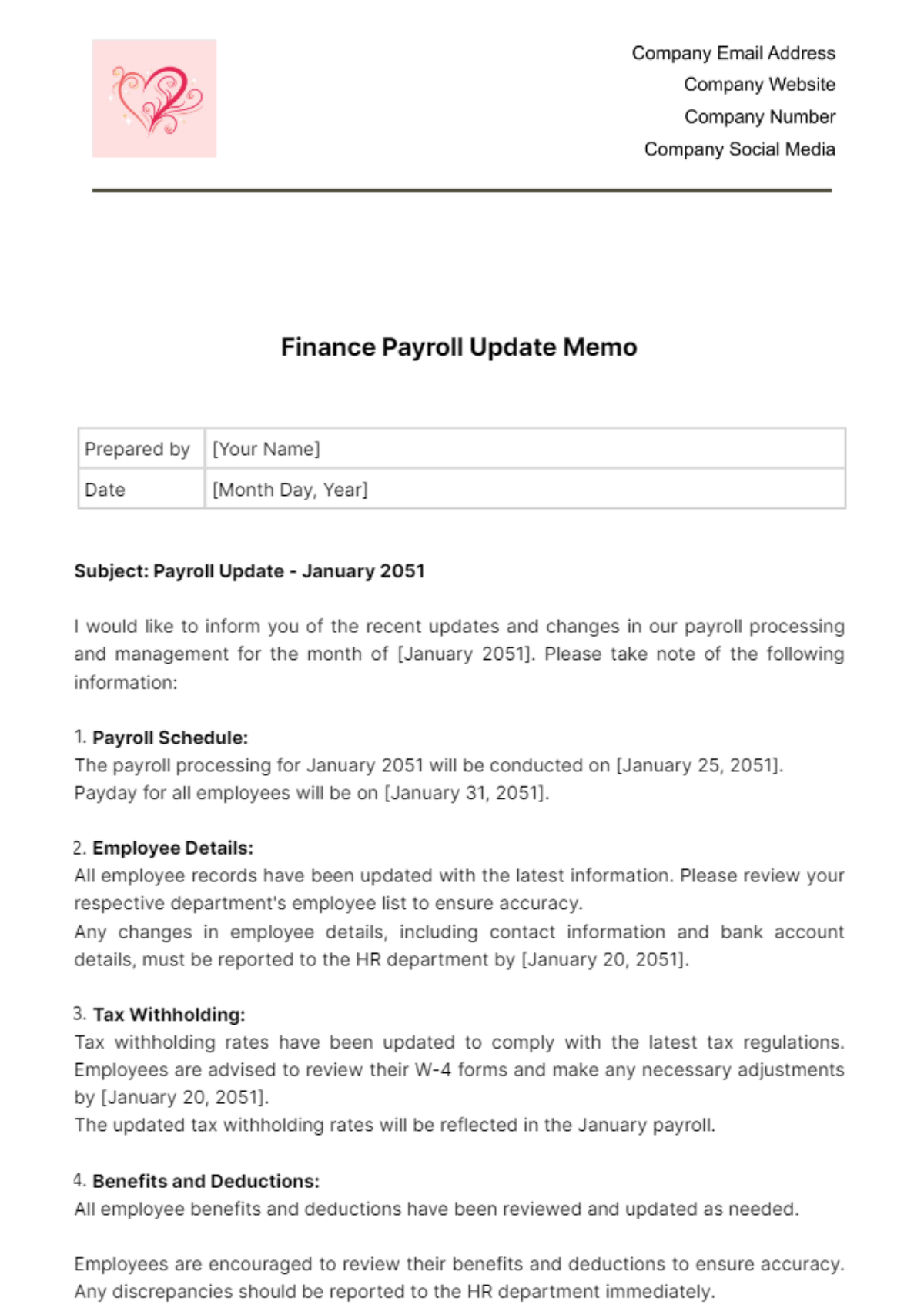 Finance Payroll Update Memo Template