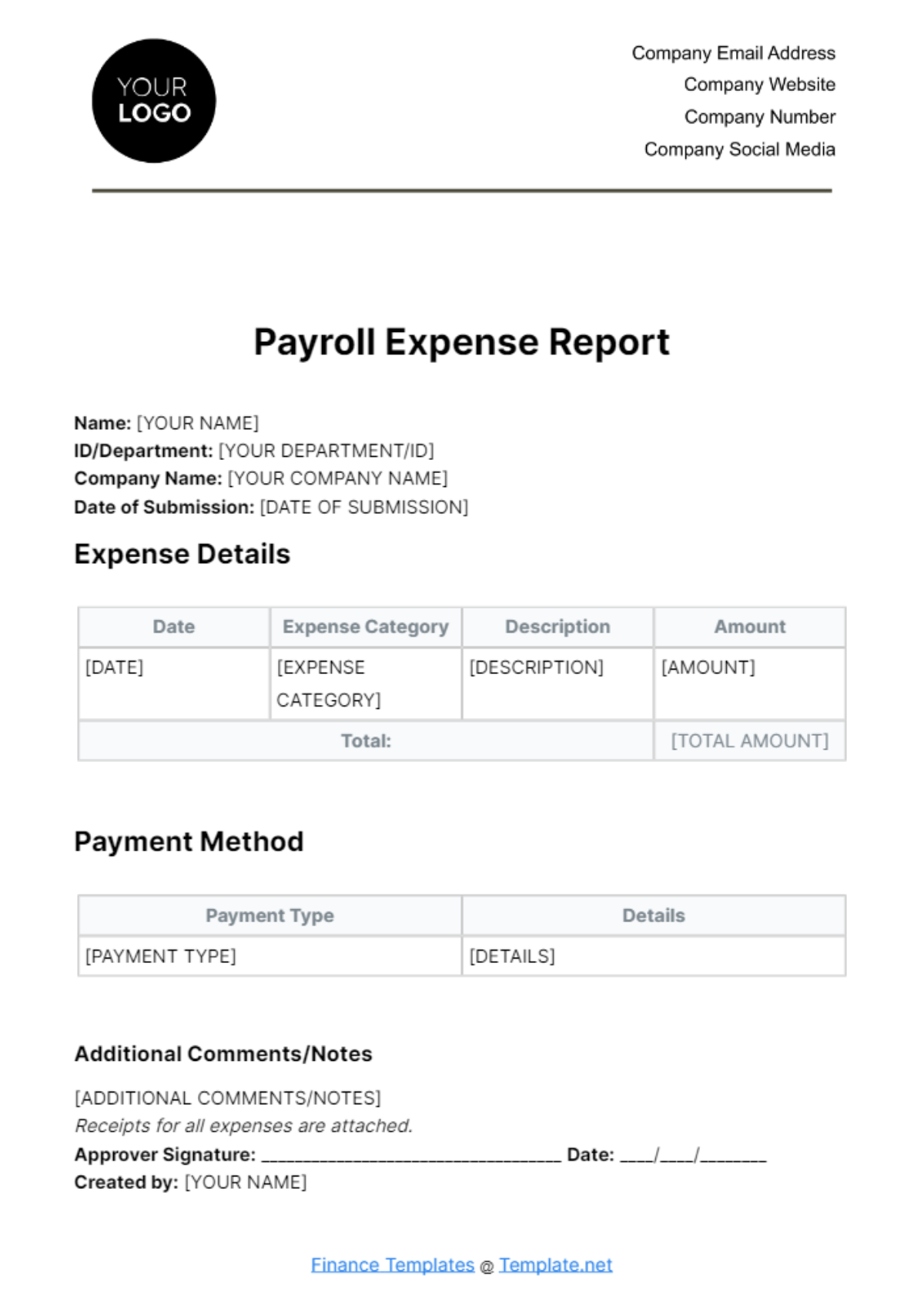 Finance Payroll Expense Report Template