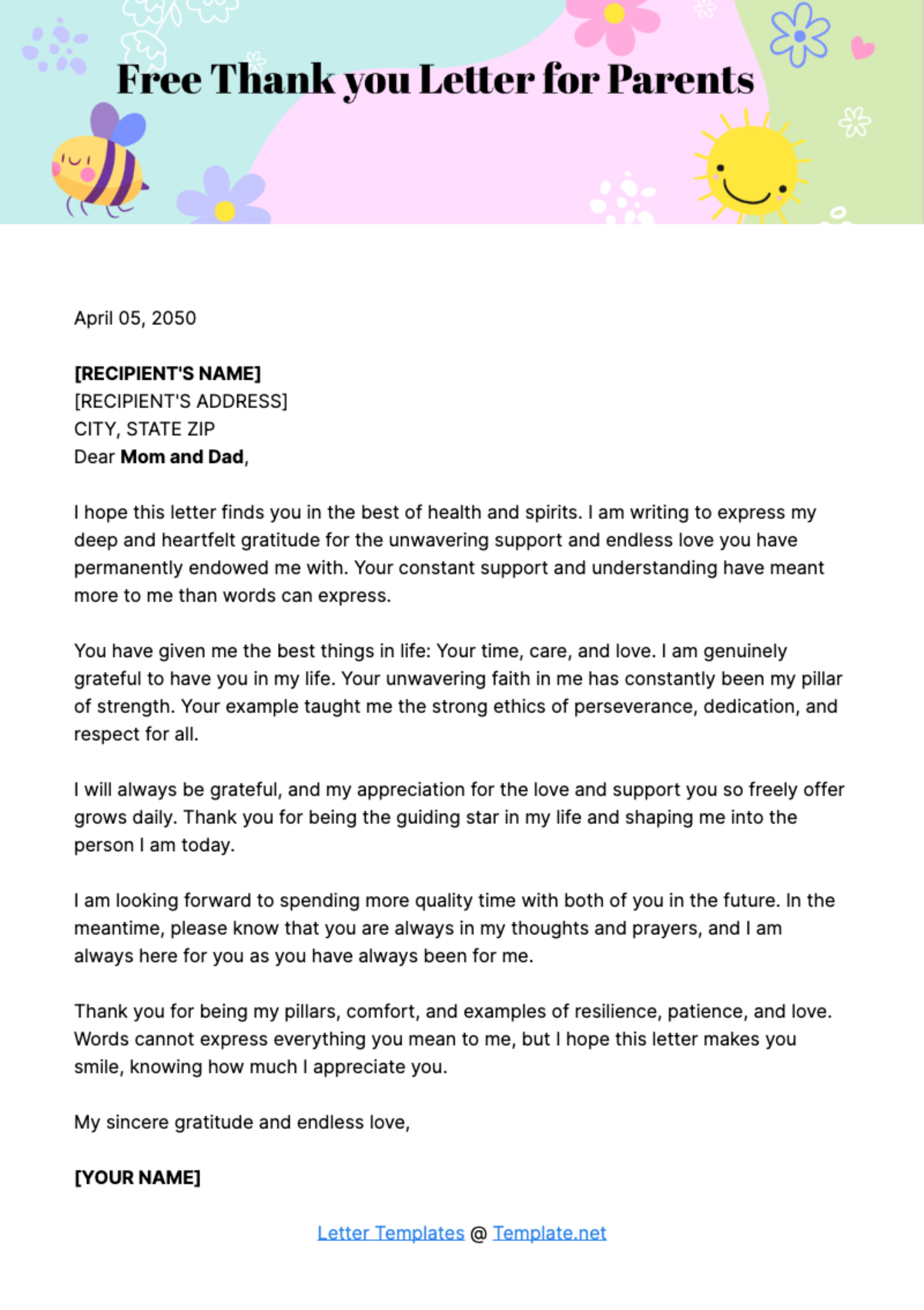 Free Thank you Letter for Parents Template
