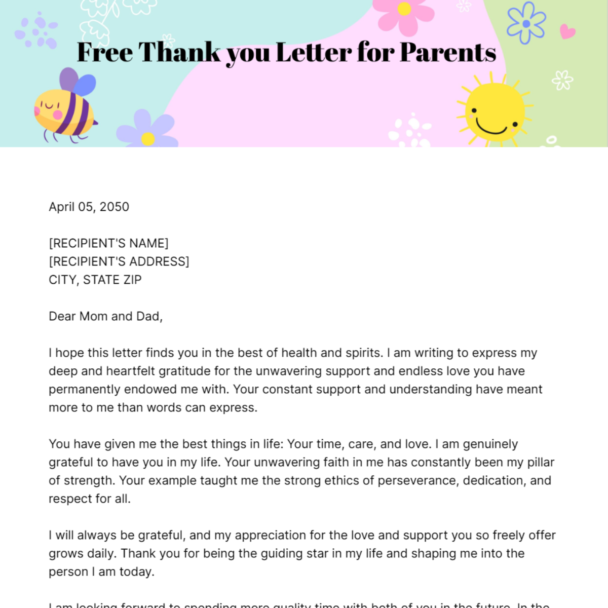 Thank you Letter for Parents Template