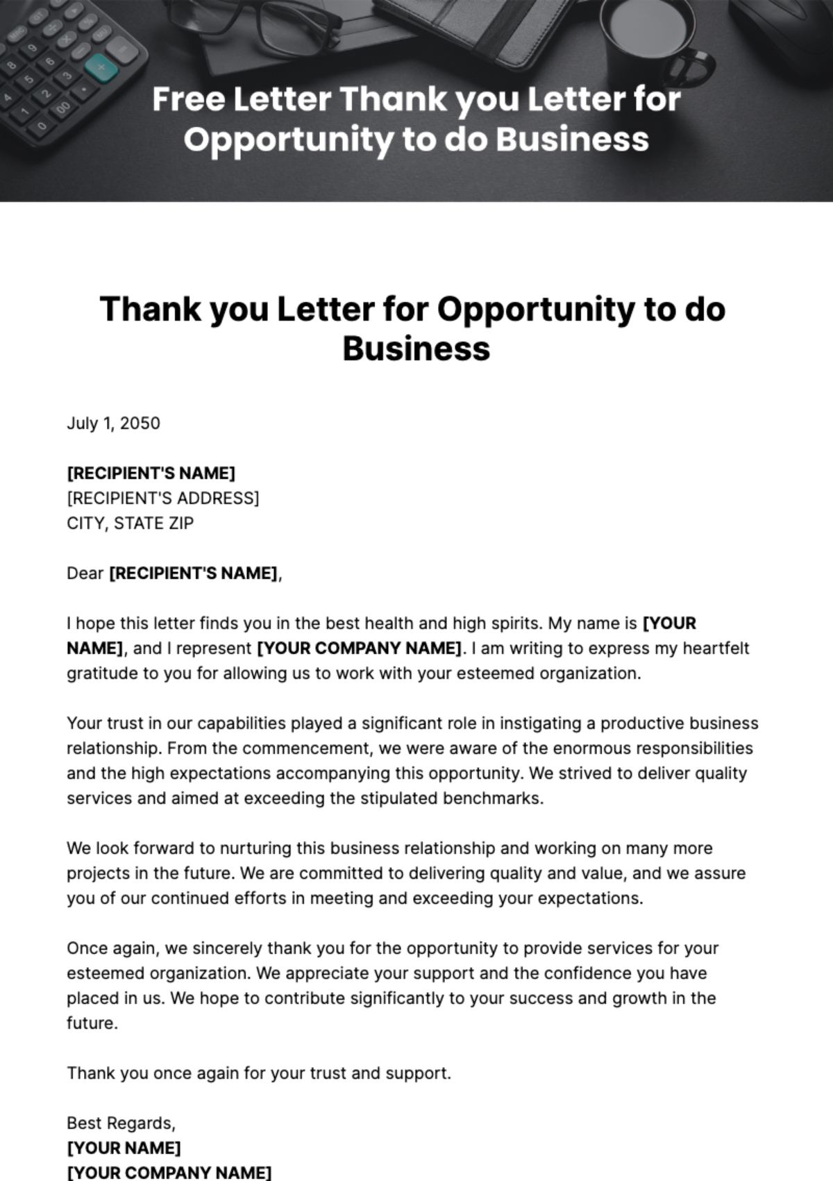Free Thank you Letter for Opportunity to do Business Template