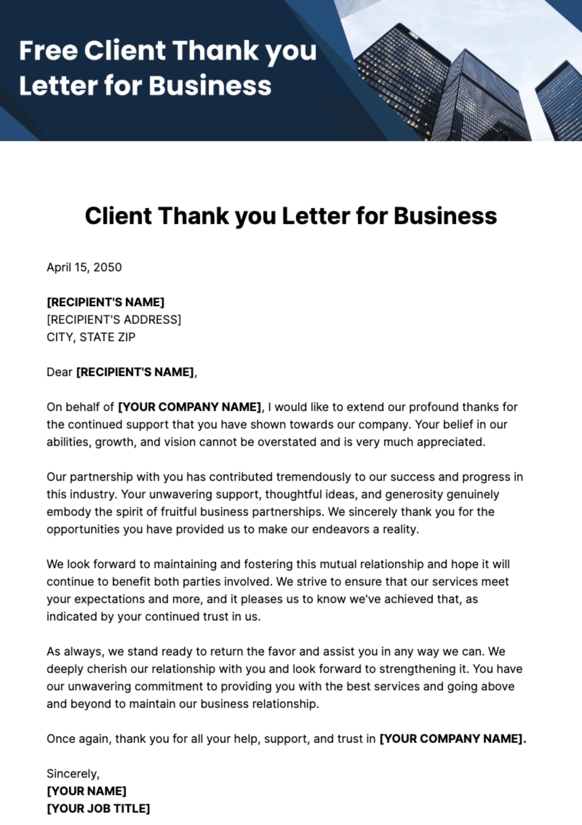 Client Thank you Letter for Business Template