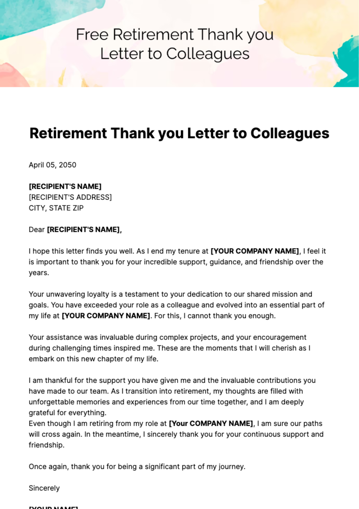 Free Retirement Thank you Letter to Colleagues Template