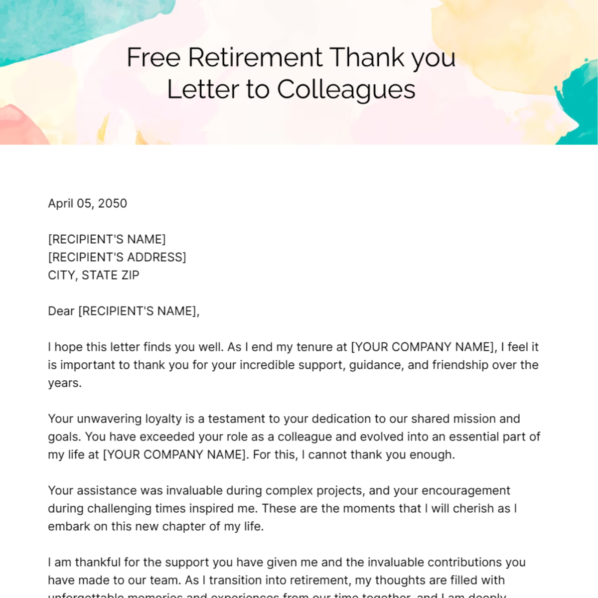 Retirement Thank you Letter to Colleagues Template