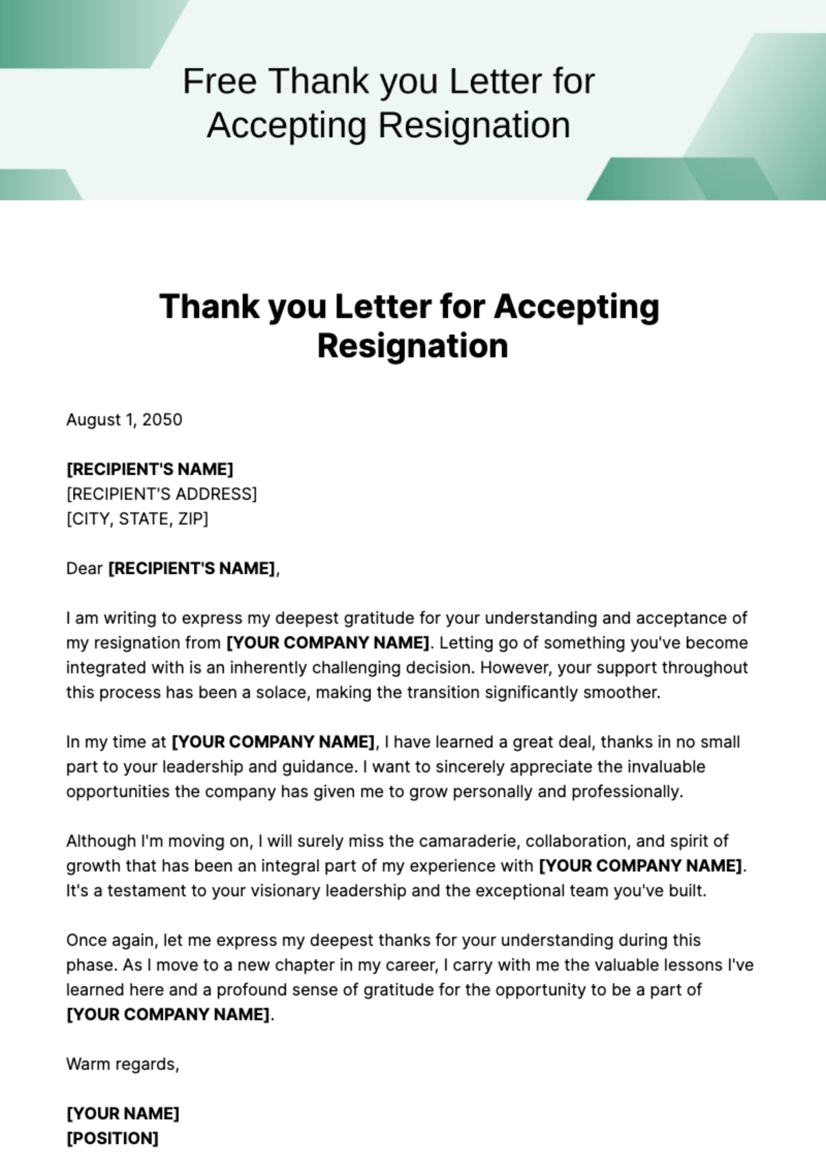 Free Thank you Letter for Accepting Resignation Template
