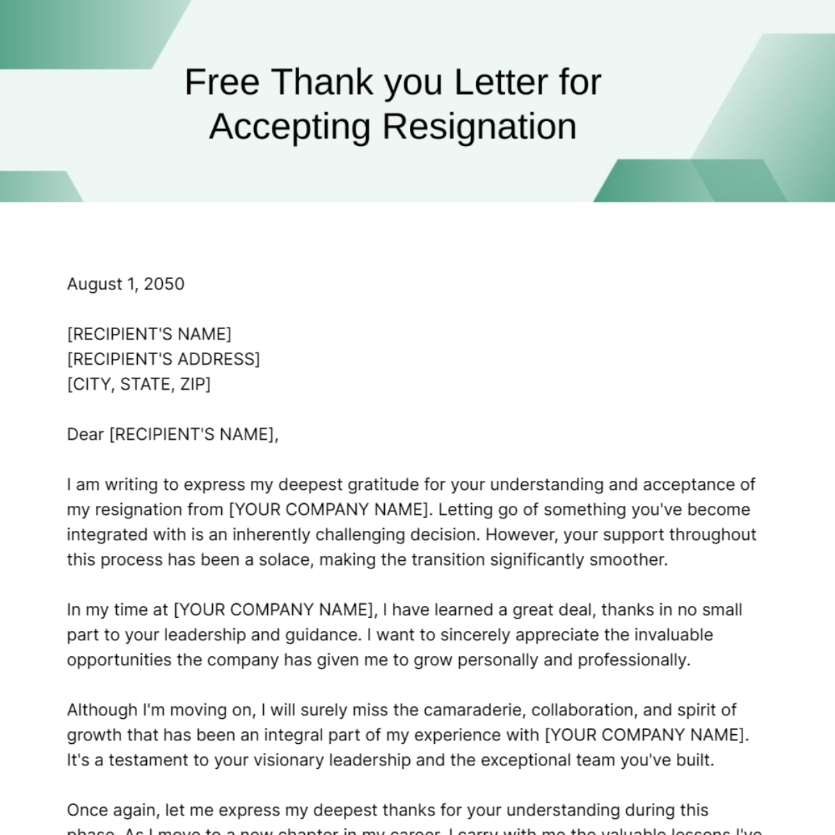 Thank you Letter for Accepting Resignation Template