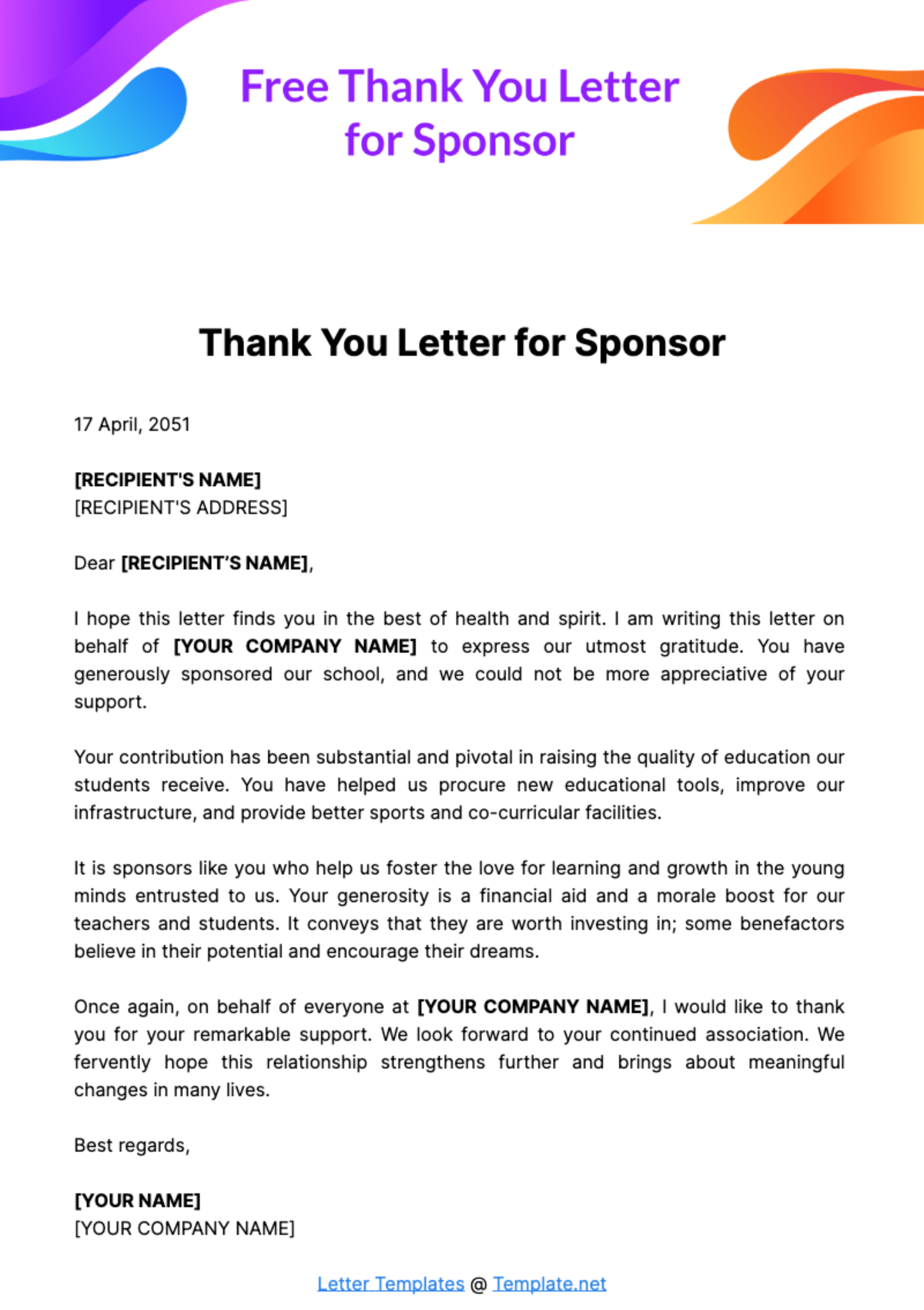 Thank You Letter for Sponsor Template