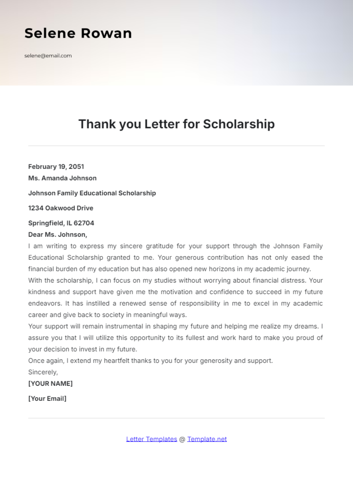 Thank You Letter for Scholarship Template - Edit Online & Download