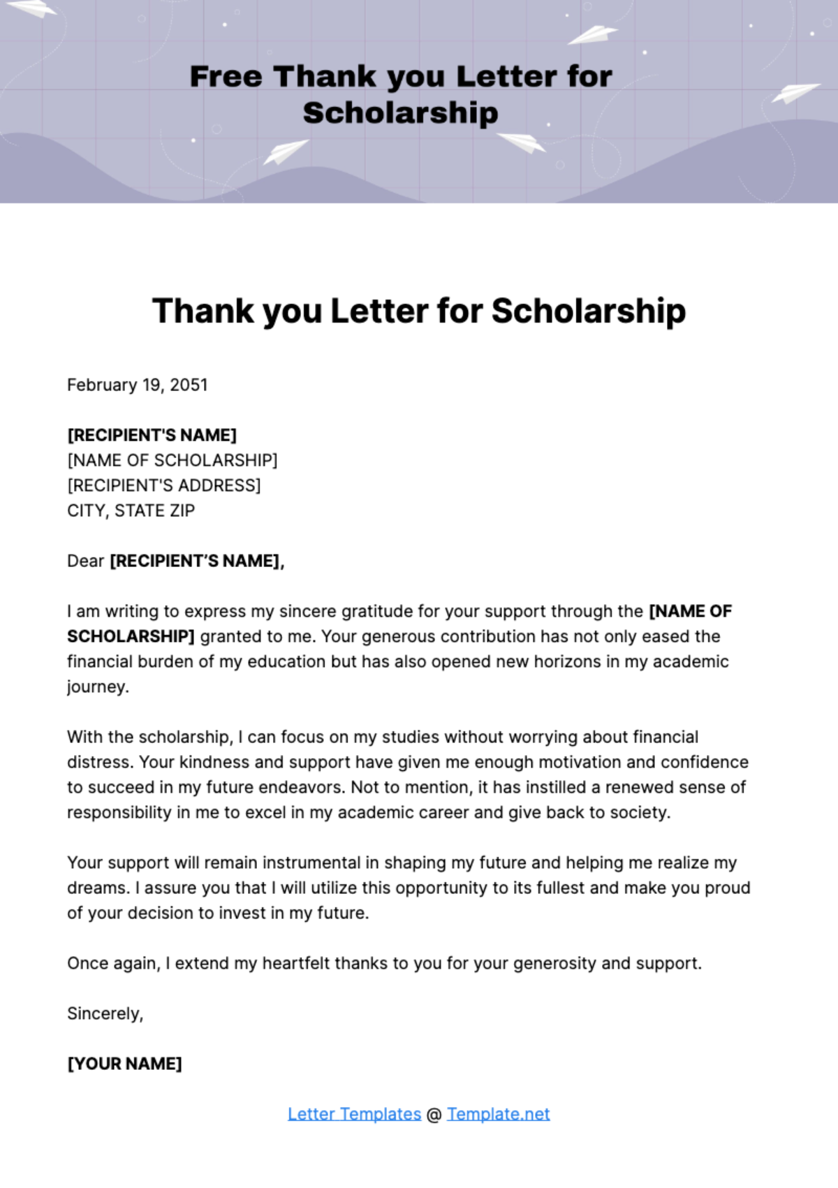 Free Thank you Letter for Scholarship Template