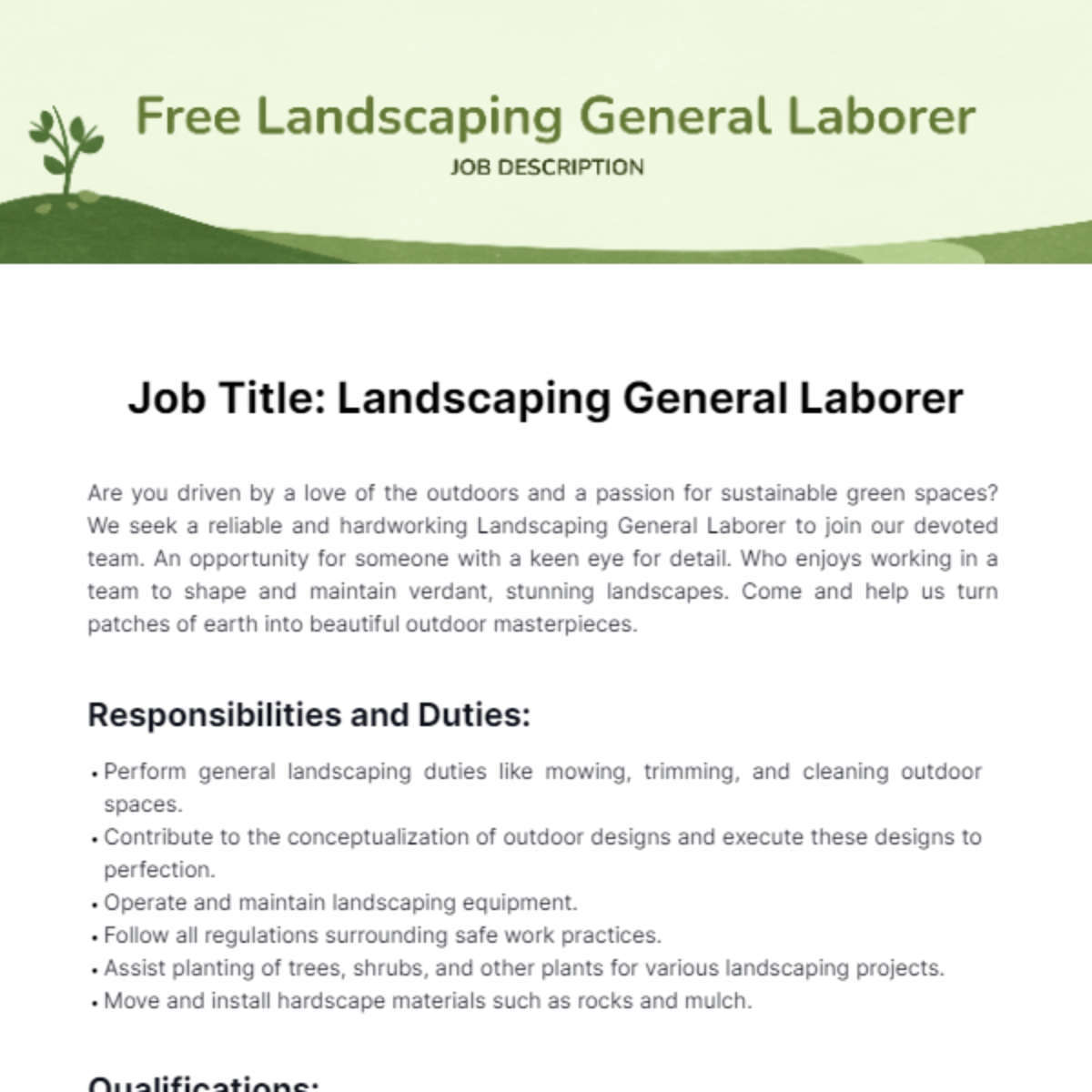 Landscaping General Laborer Job Description Template