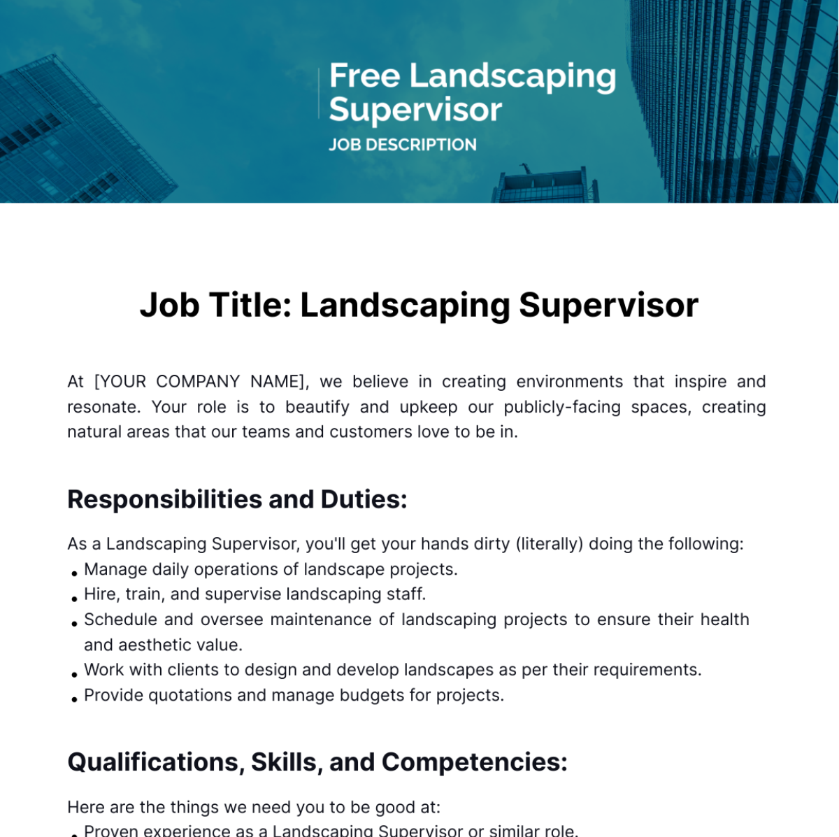 Landscaping Supervisor Job Description Template