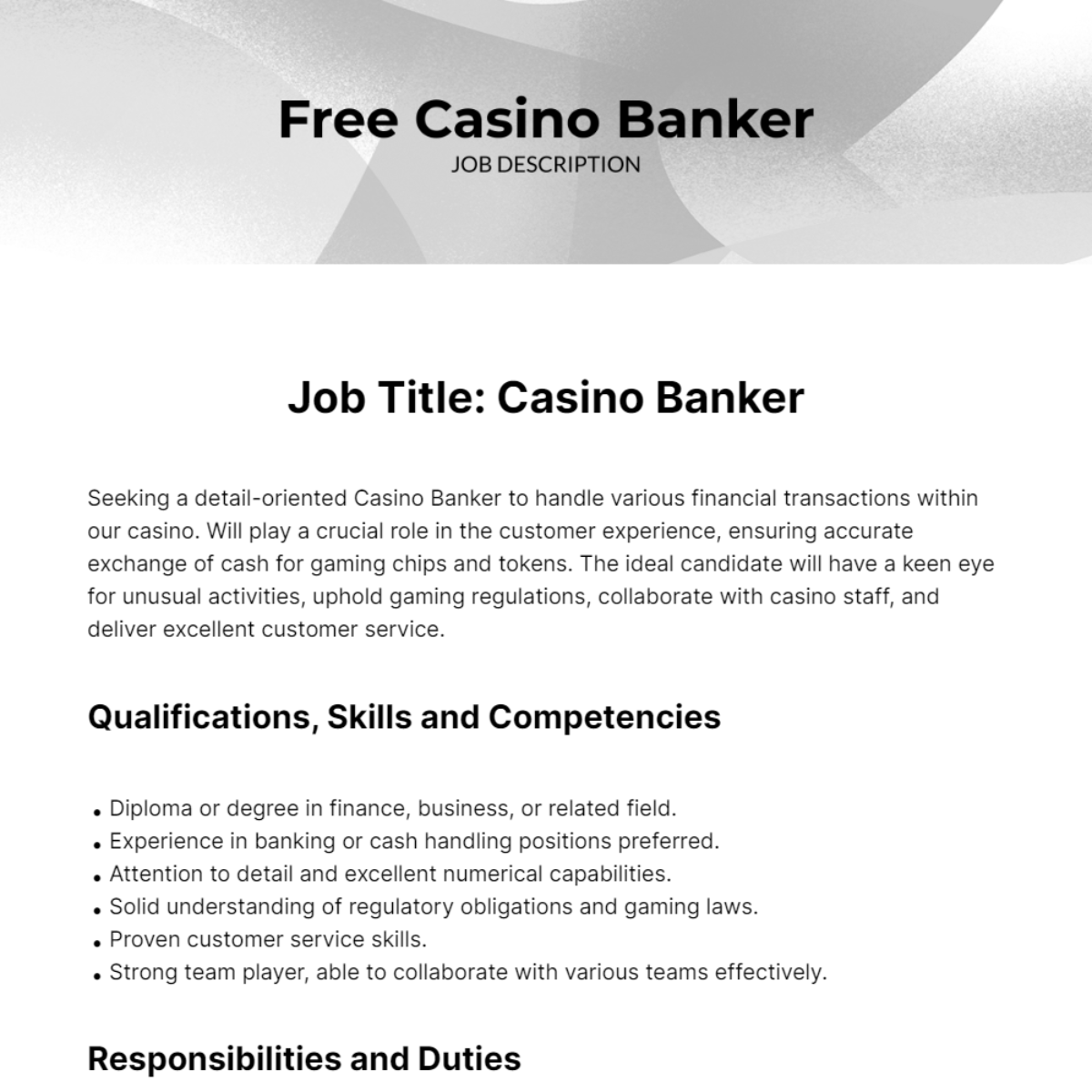 Free Casino Banker Job Description Template