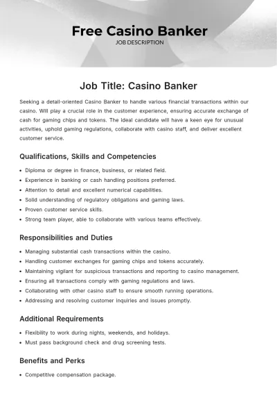 Free Casino Banker Job Description Template to Edit Online