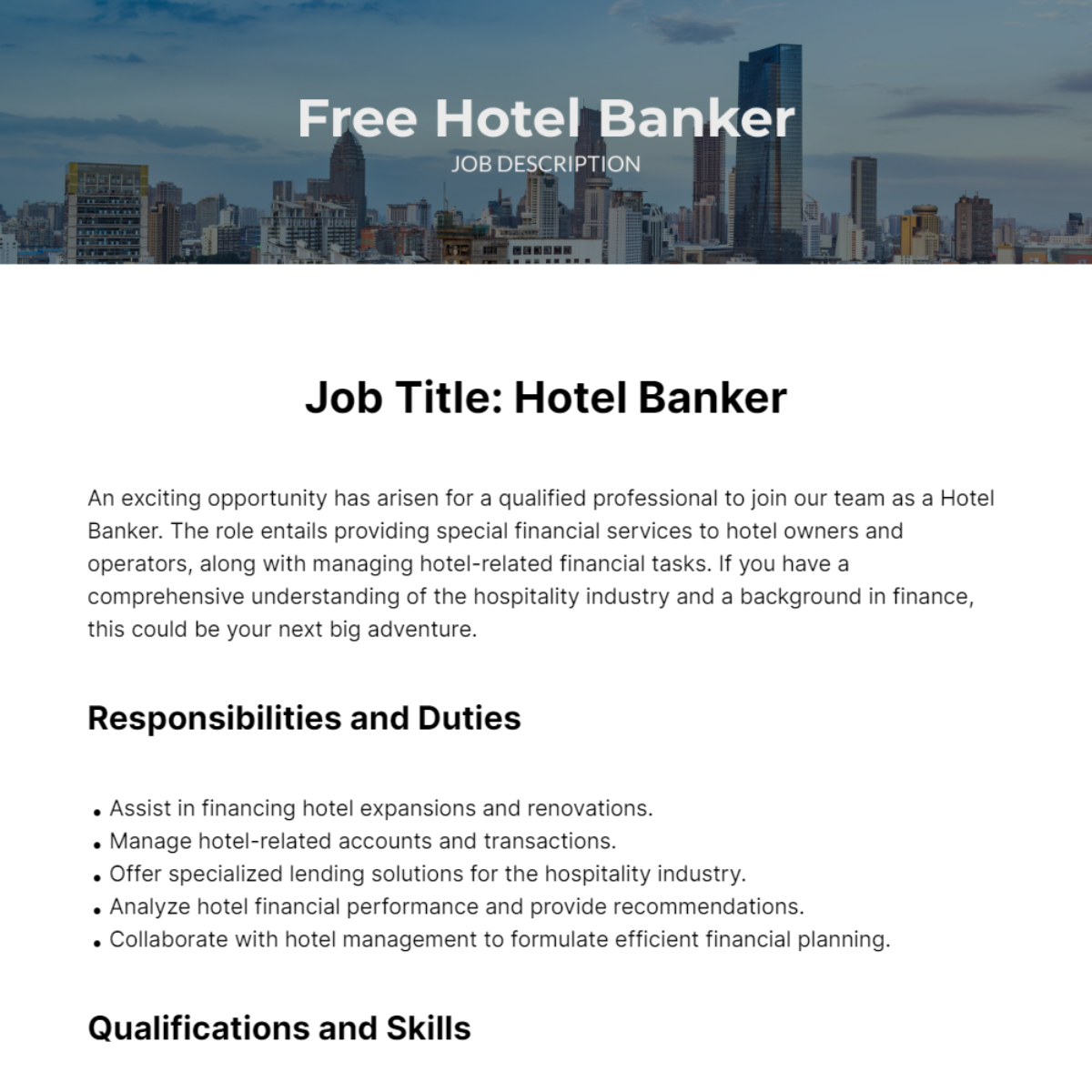 Hotel Banker Job Description Template