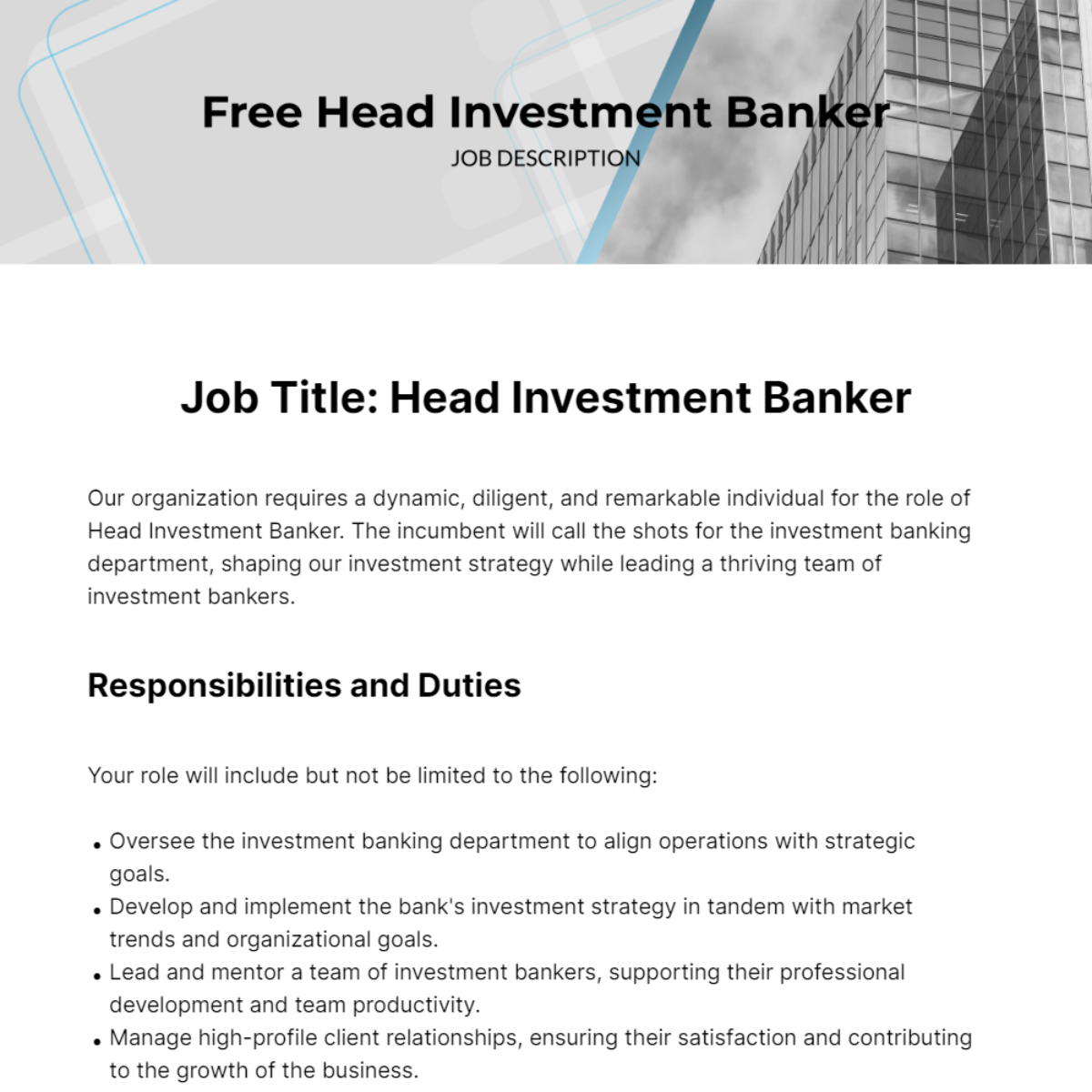 Head Investment Banker Job Description Template