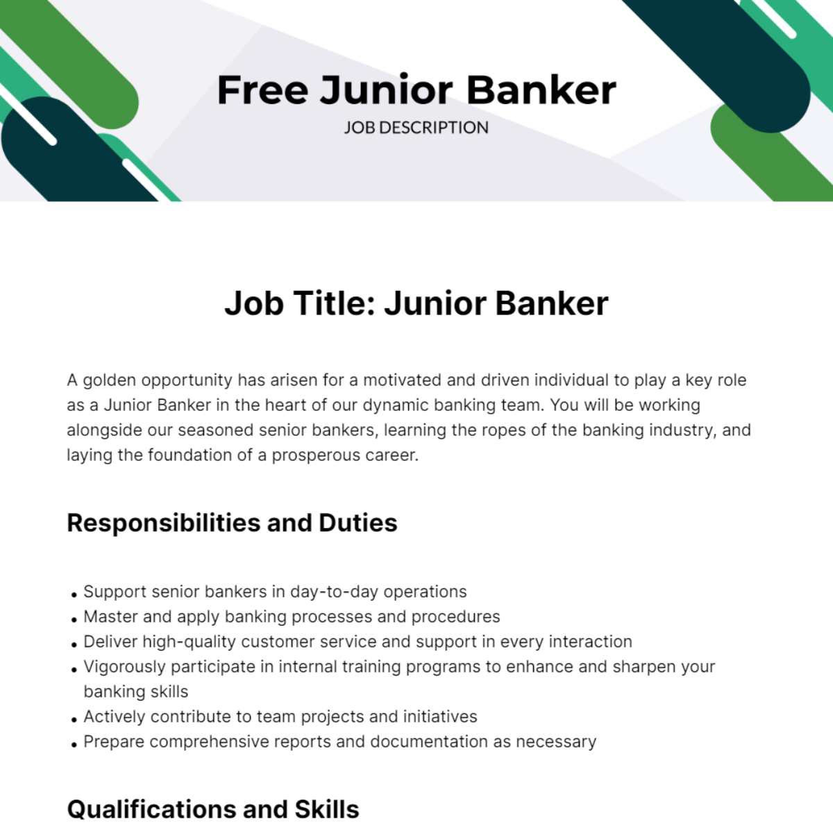 Junior Banker Job Description Template