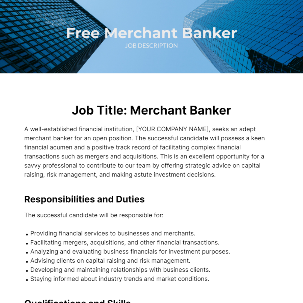 Free Merchant Banker Job Description Template