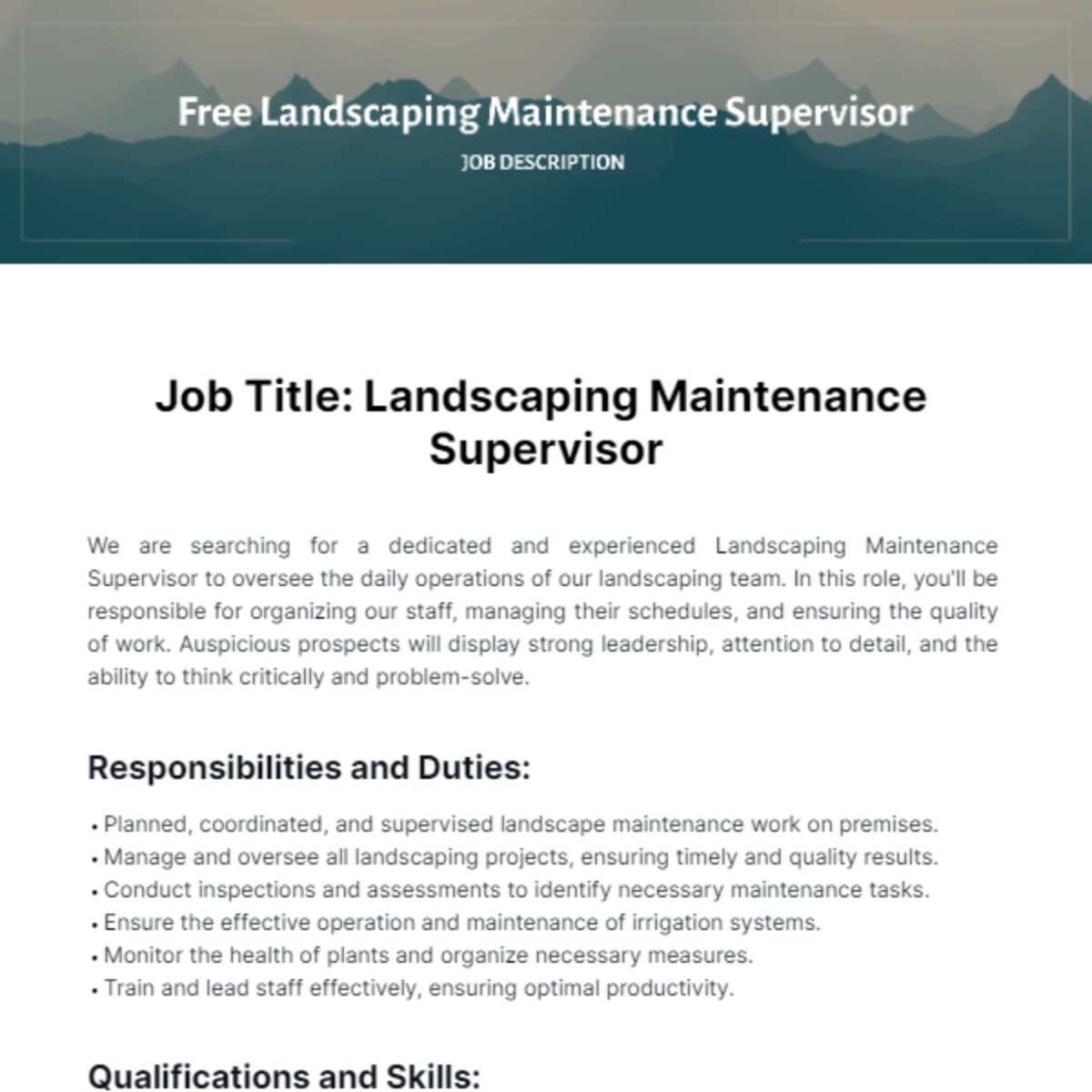 Free Landscaping Maintenance Supervisor Job Description Template
