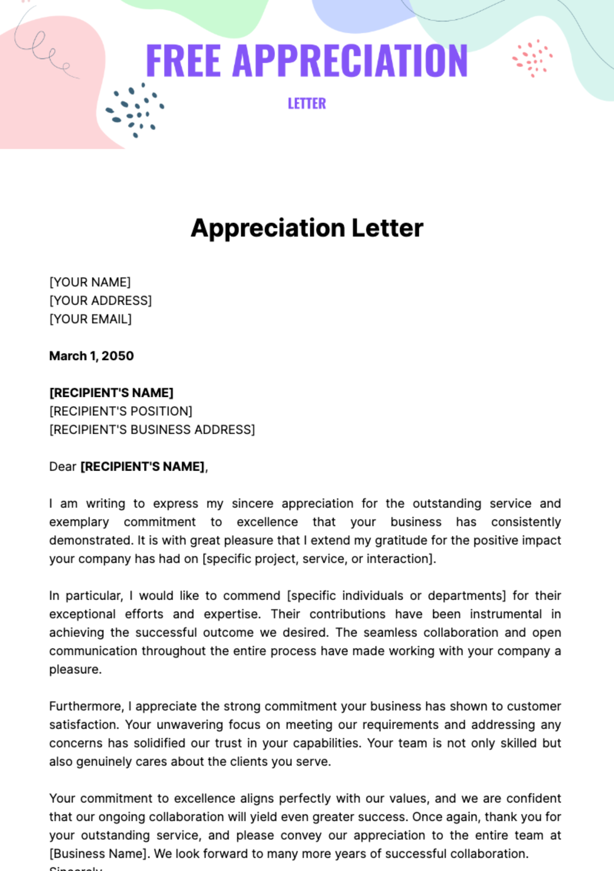 Free Appreciation Letter Template