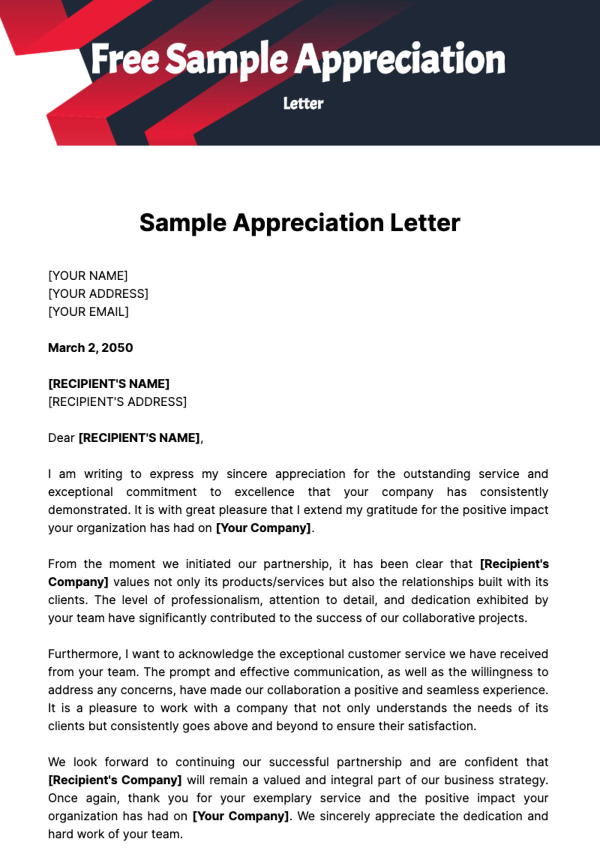 Free Sample Appreciation Letter Template