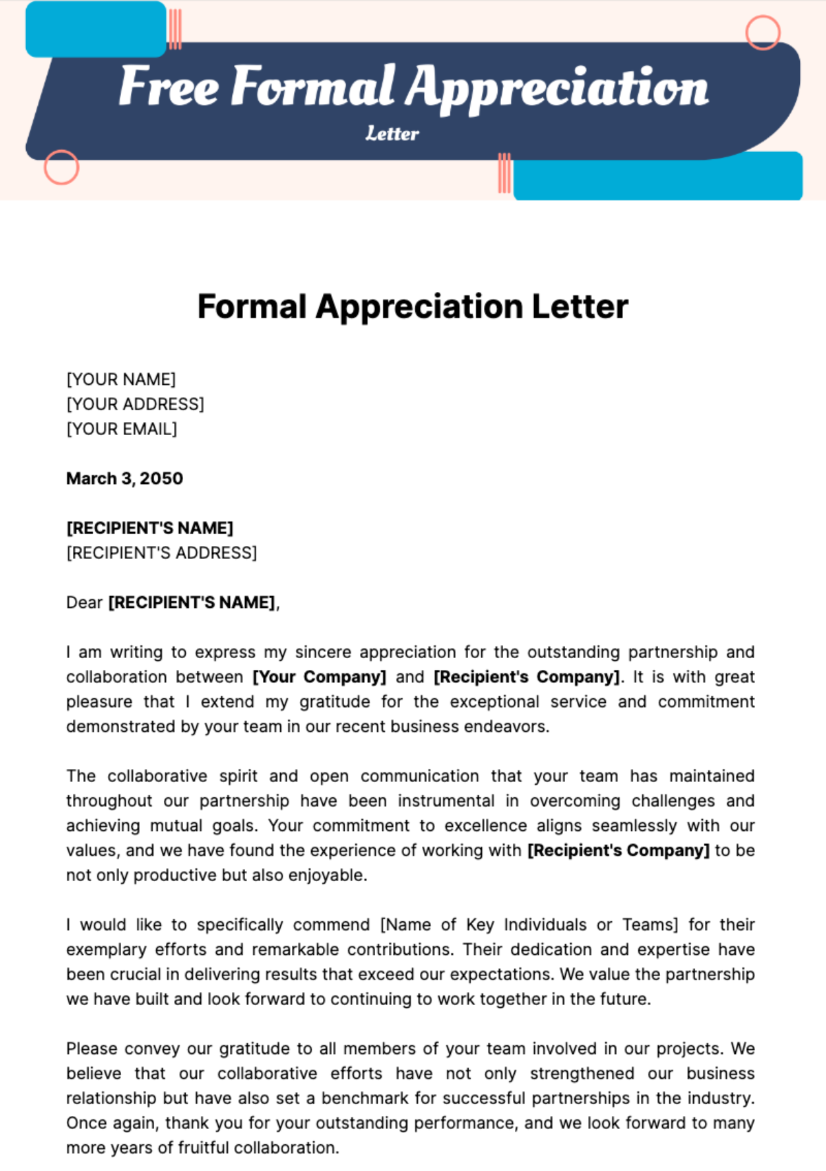 Free Formal Appreciation Letter Template