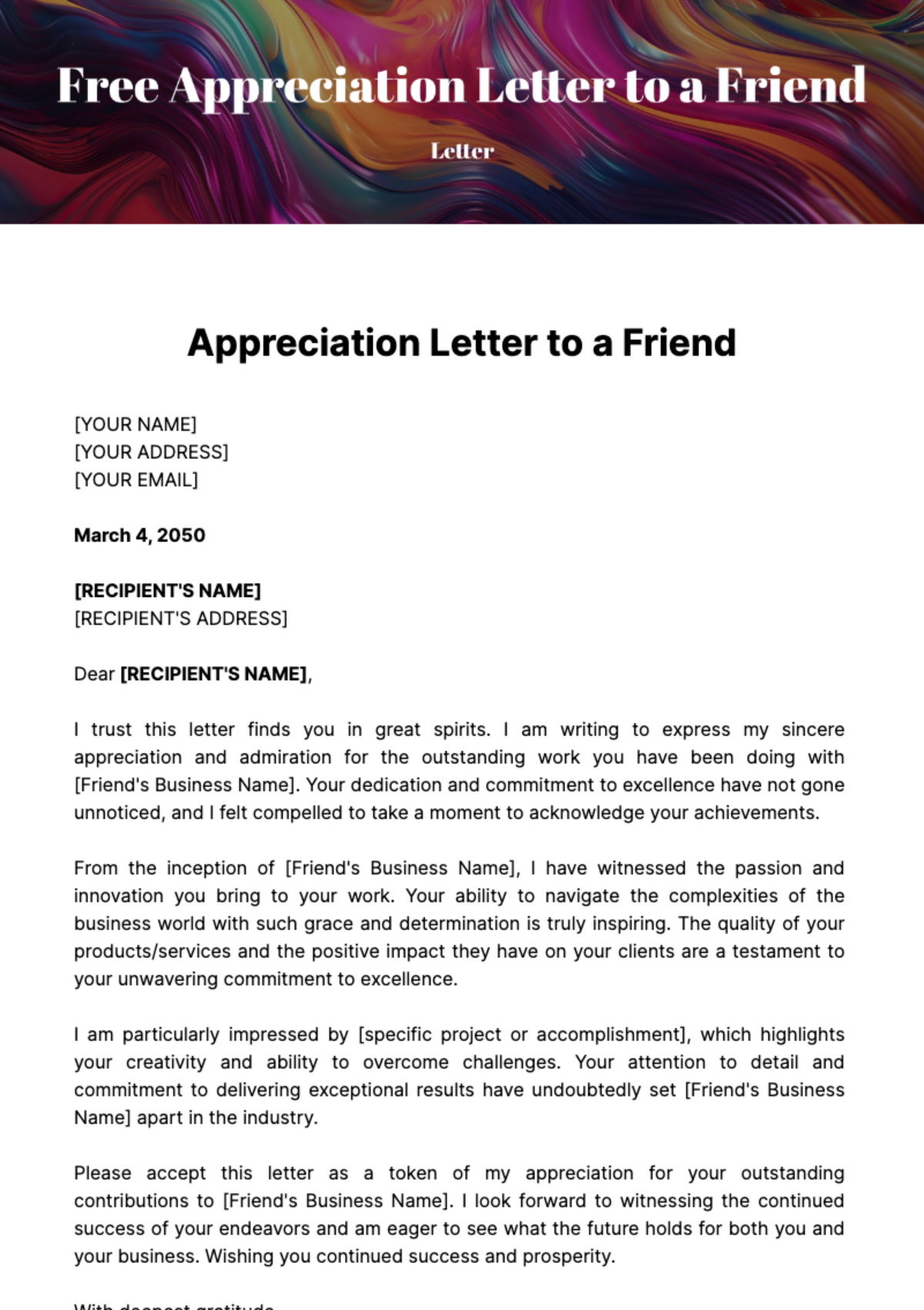 Free Appreciation Letter to a Friend Template