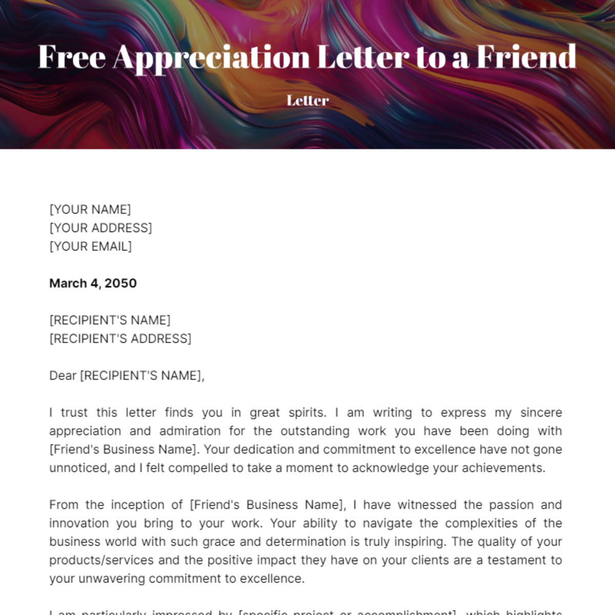 Appreciation Letter to a Friend Template